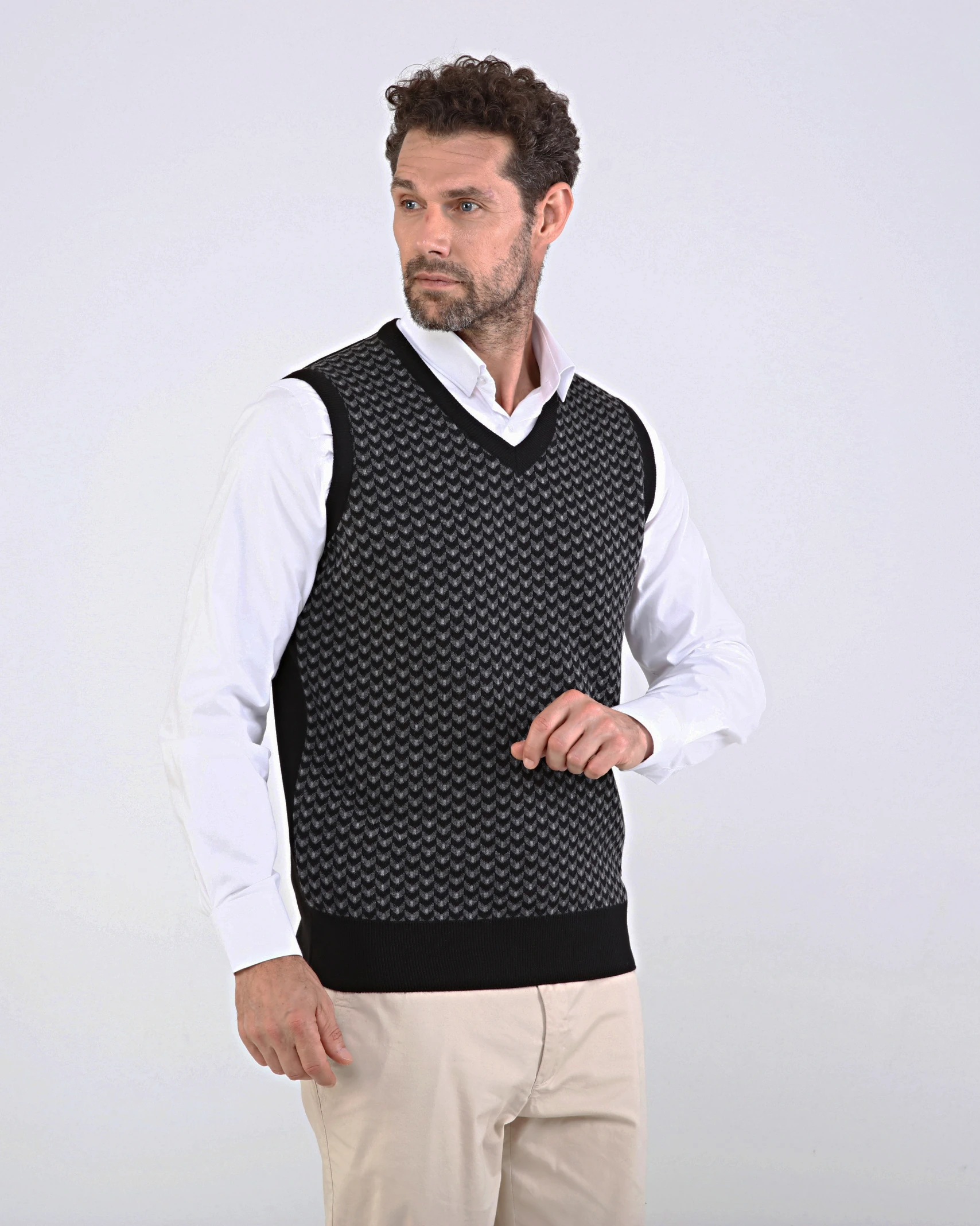 Stripe Knitwear Men's V-Neck Knitwear Sweater Patterned Colorful Winter Steel Knitted Classic Pattern - BLACK