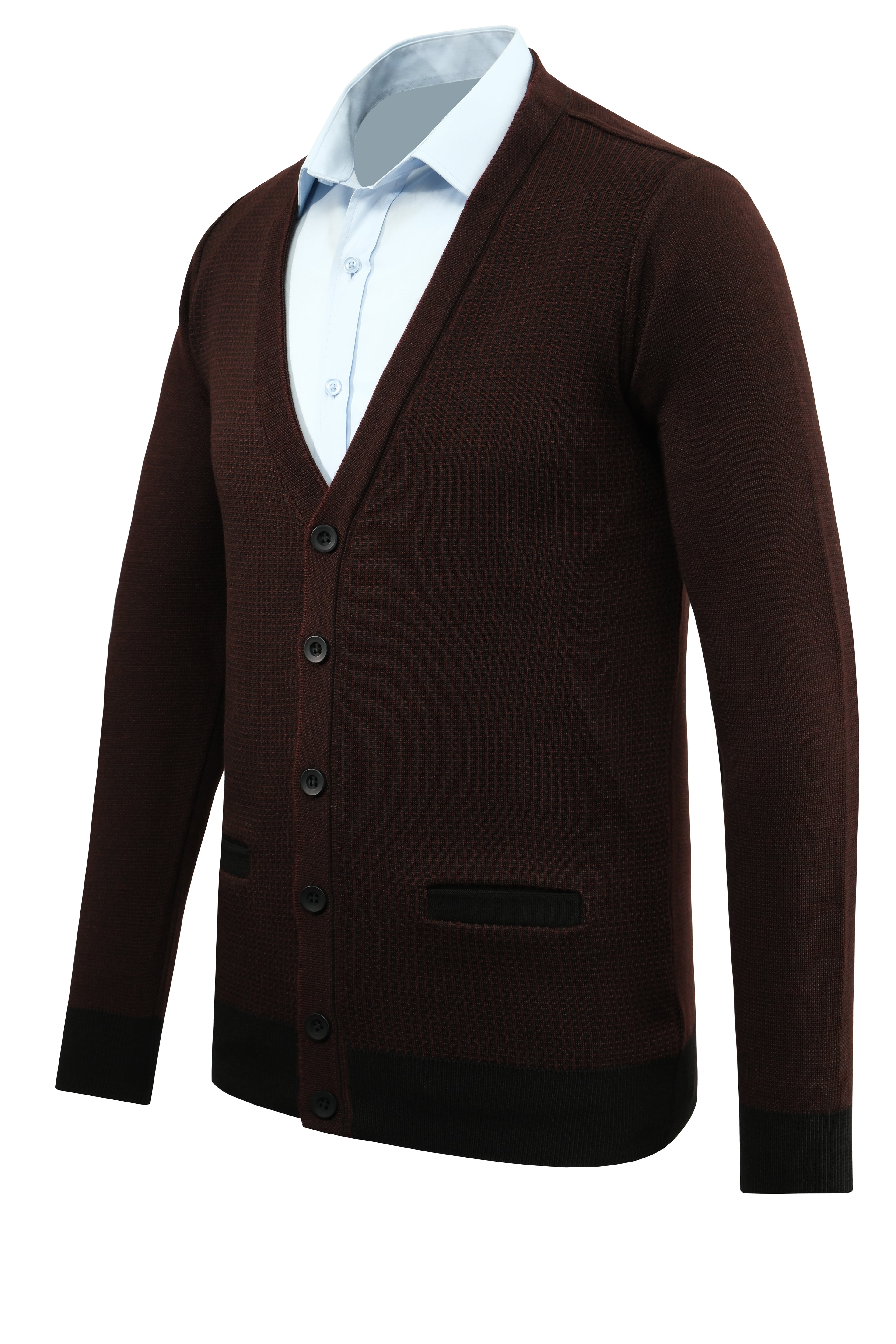 Erkek Düğmeli Hırka Cepli Desenli Çelik Örgü Klasik Kalıp - 5208M - BORDO