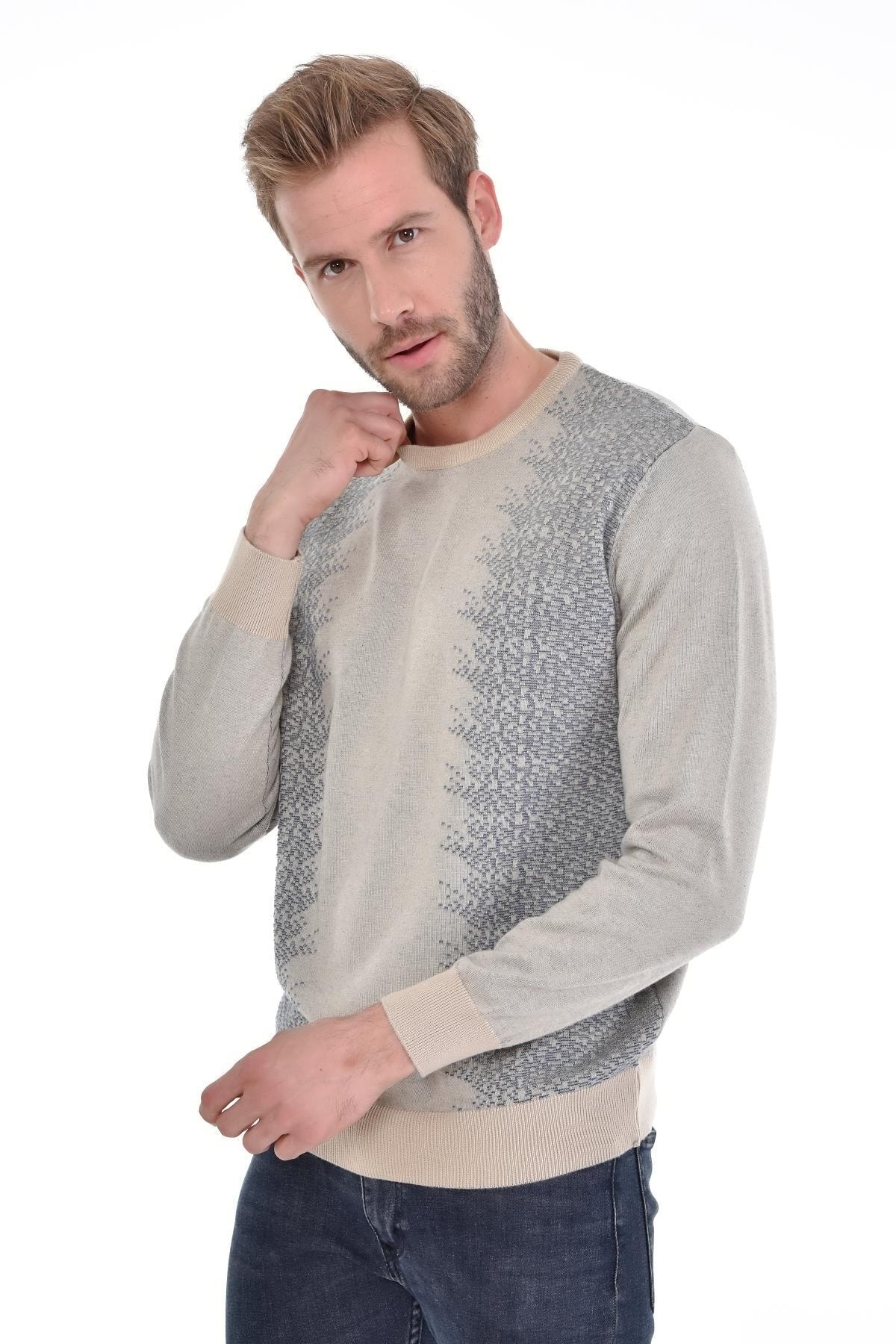 Erkek Sıfır Yaka Pamuklu Triko Bej Kazak Desenli Kol Ve Bel Lastikli Dokuma