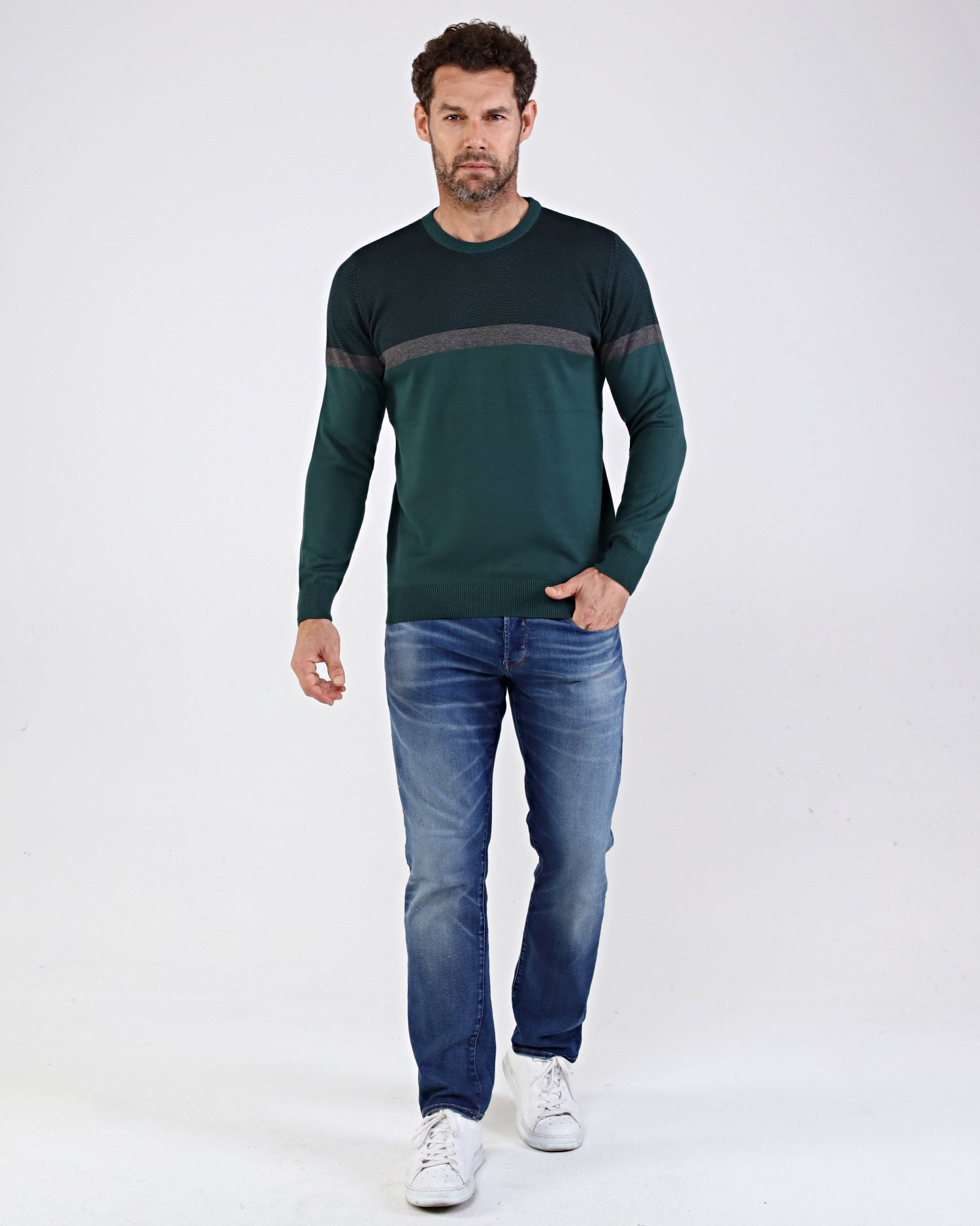 Stripe Knitwear Oversized Men's Crew Neck Cotton Knitwear Sweater Patterned Sleeve and Waist Elastic Regular - NEFTİ