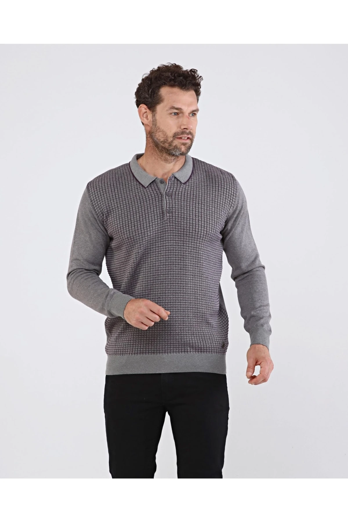 Battal Erkek Polo Yaka Pamuklu Triko Gri Kazak Desenli Kol Ve Bel Lastikli Regular