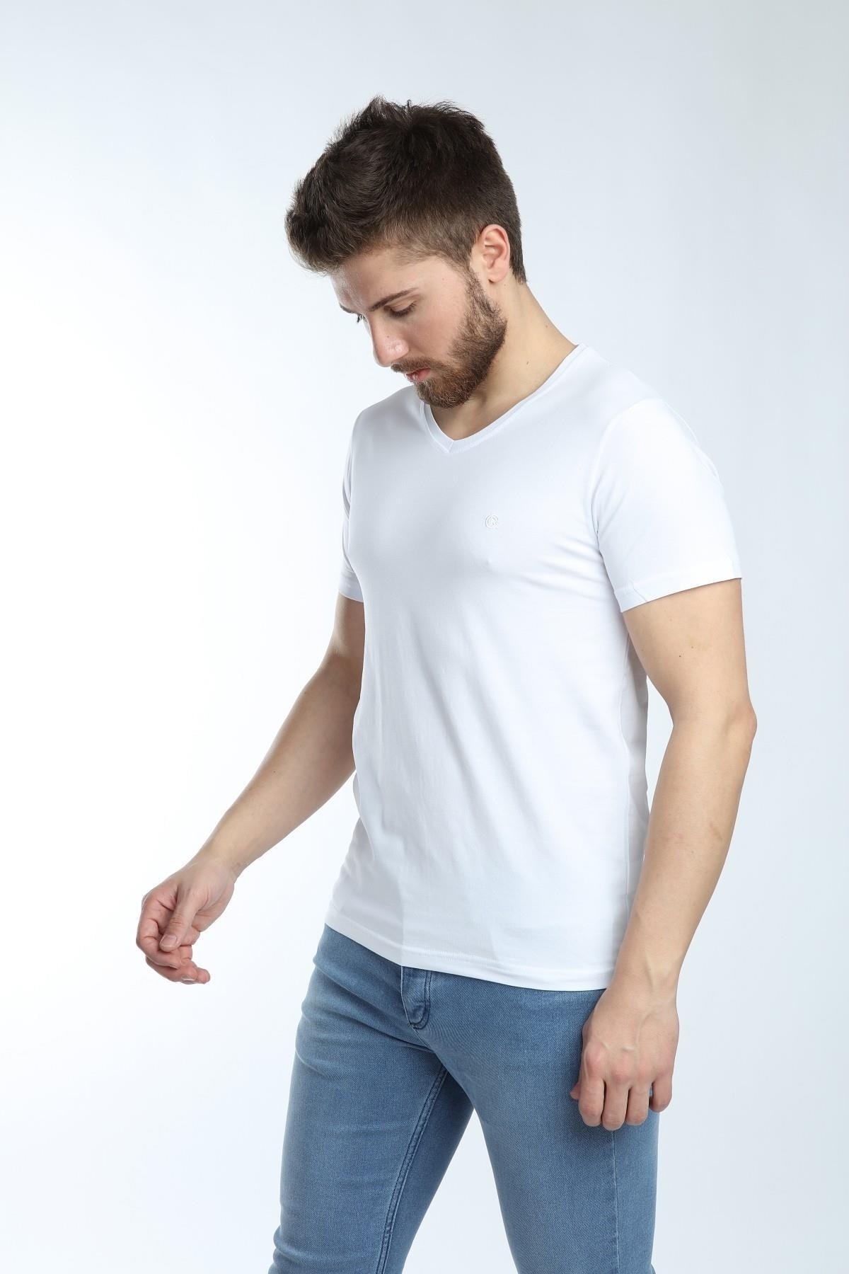 Erkek V Yaka Basic Tişört Düz Beyaz Renk Slim Fit