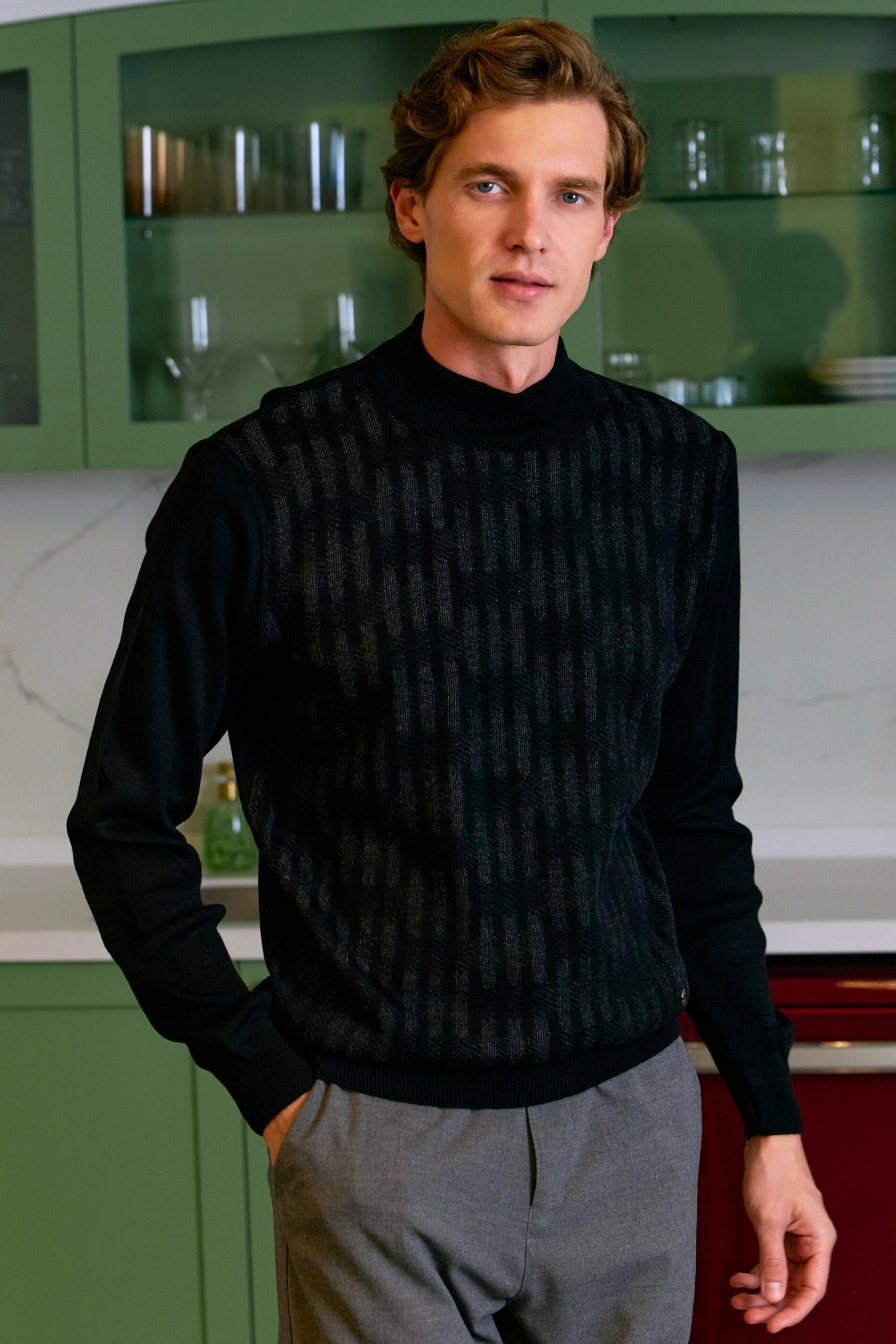 Erkek Yarım Balıkçı Kazak Desenli Çelik Örgü Klasik Kalıp - 5207B