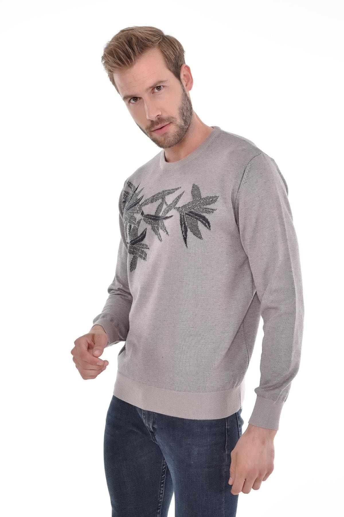 Erkek Sıfır Yaka Pamuklu Triko Bej Kazak Desenli Kol Ve Bel Lastikli Dokuma