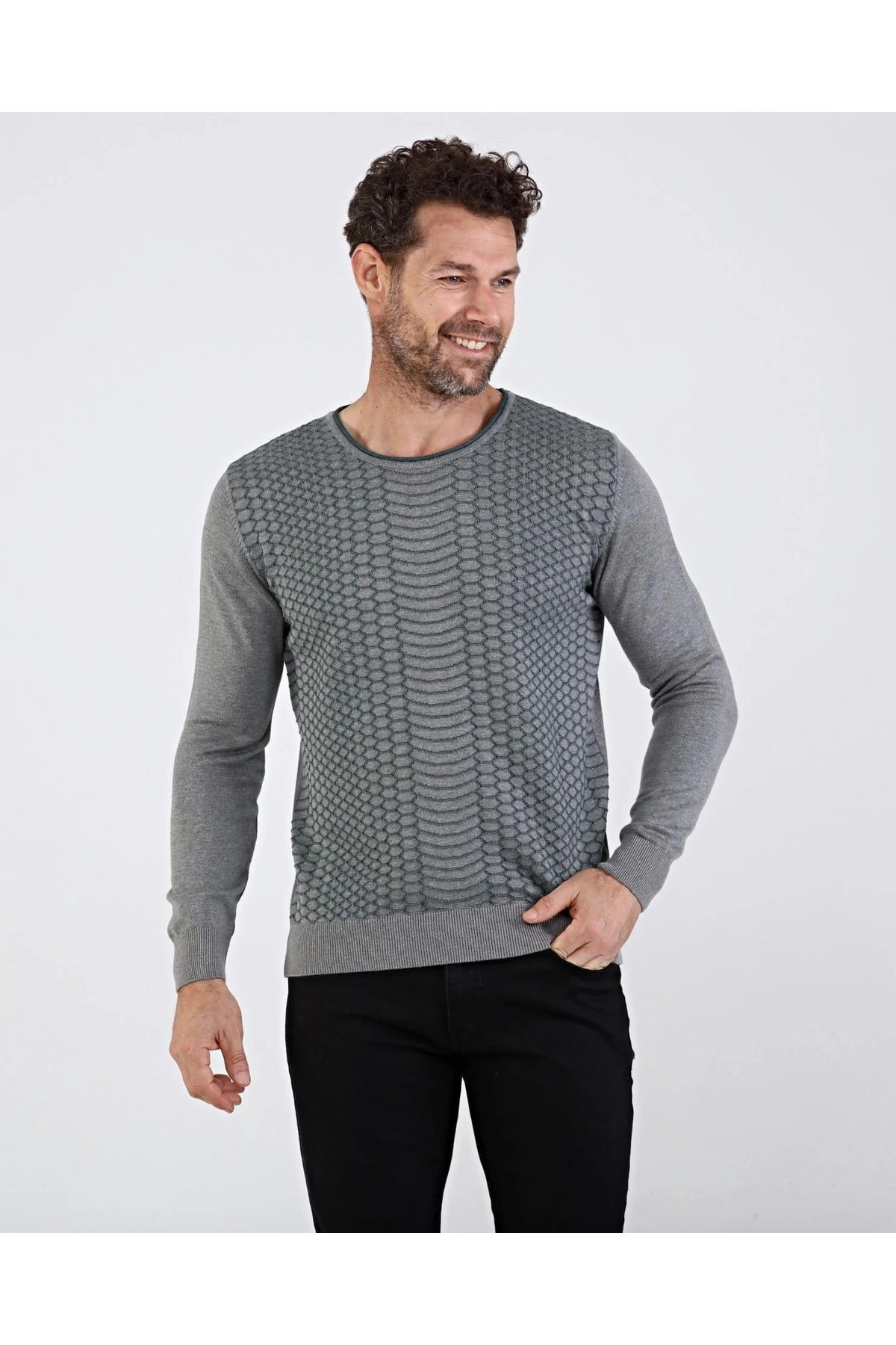 Erkek Sıfır Yaka Pamuklu Triko Gri Kazak Desenli Kol Ve Bel Lastikli Regular Kalıp