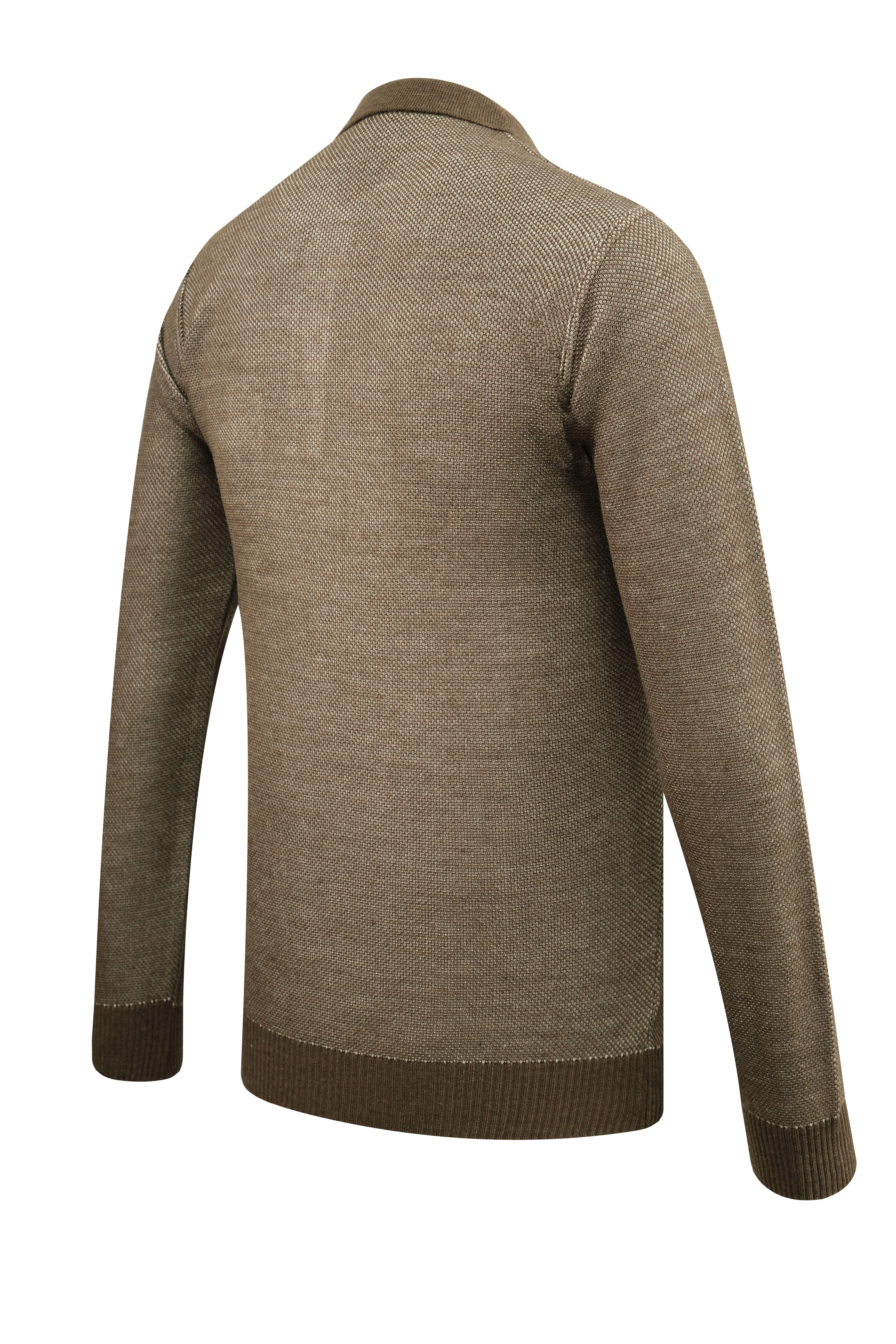 Erkek Polo Yaka Kazak Cepli Pike Desen Çelik Örgü Klasik Kalıp - 5214F - TAUPE