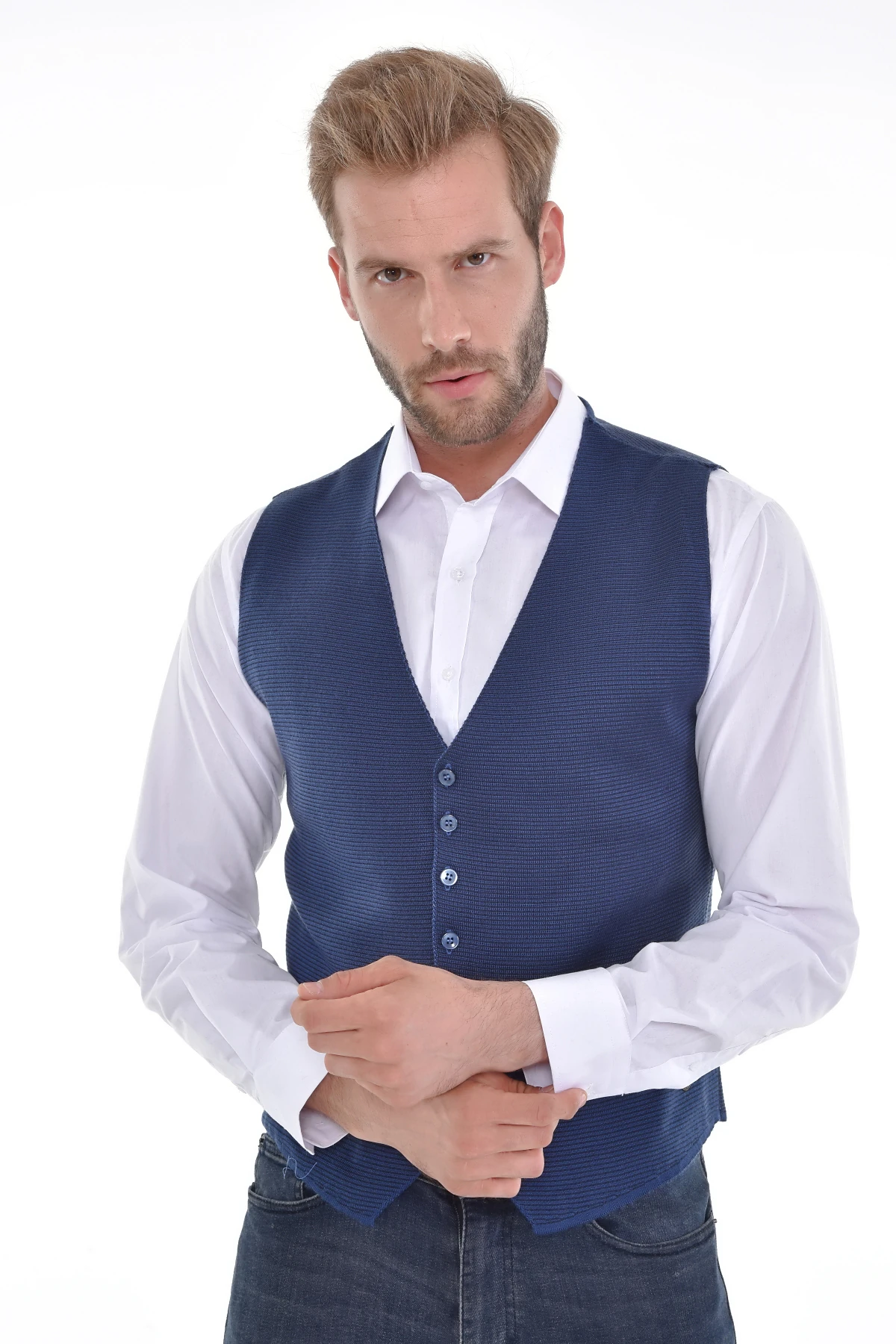 Çizgi Triko Erkek Düğmeli Spor / Klasik Triko Örme Kolsuz Yelek