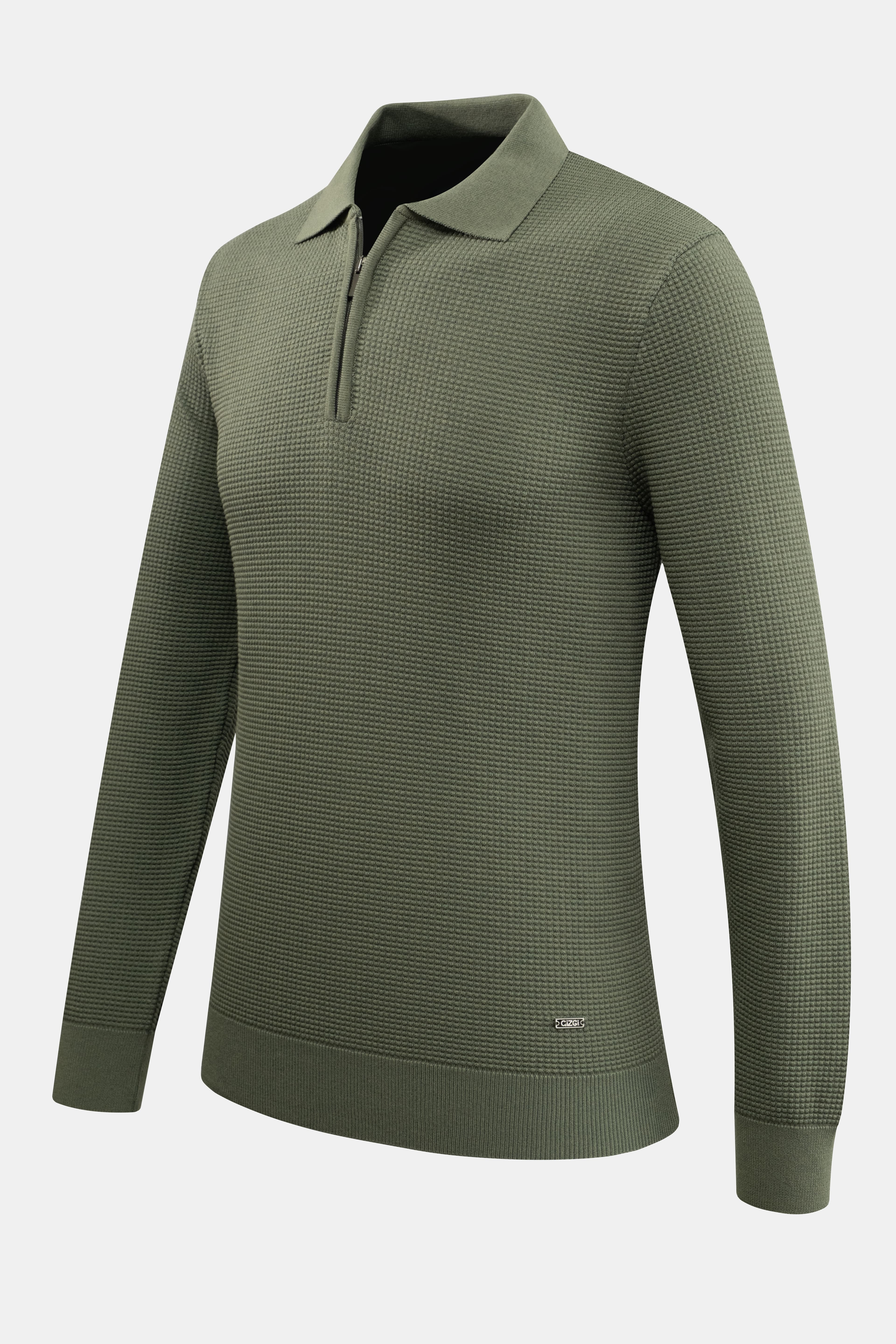 Erkek Fermuarlı Polo Yaka Kazak Triko Kabartmalı Örgü Düz Renk Klasik Kalıp - 5240F - GREEN