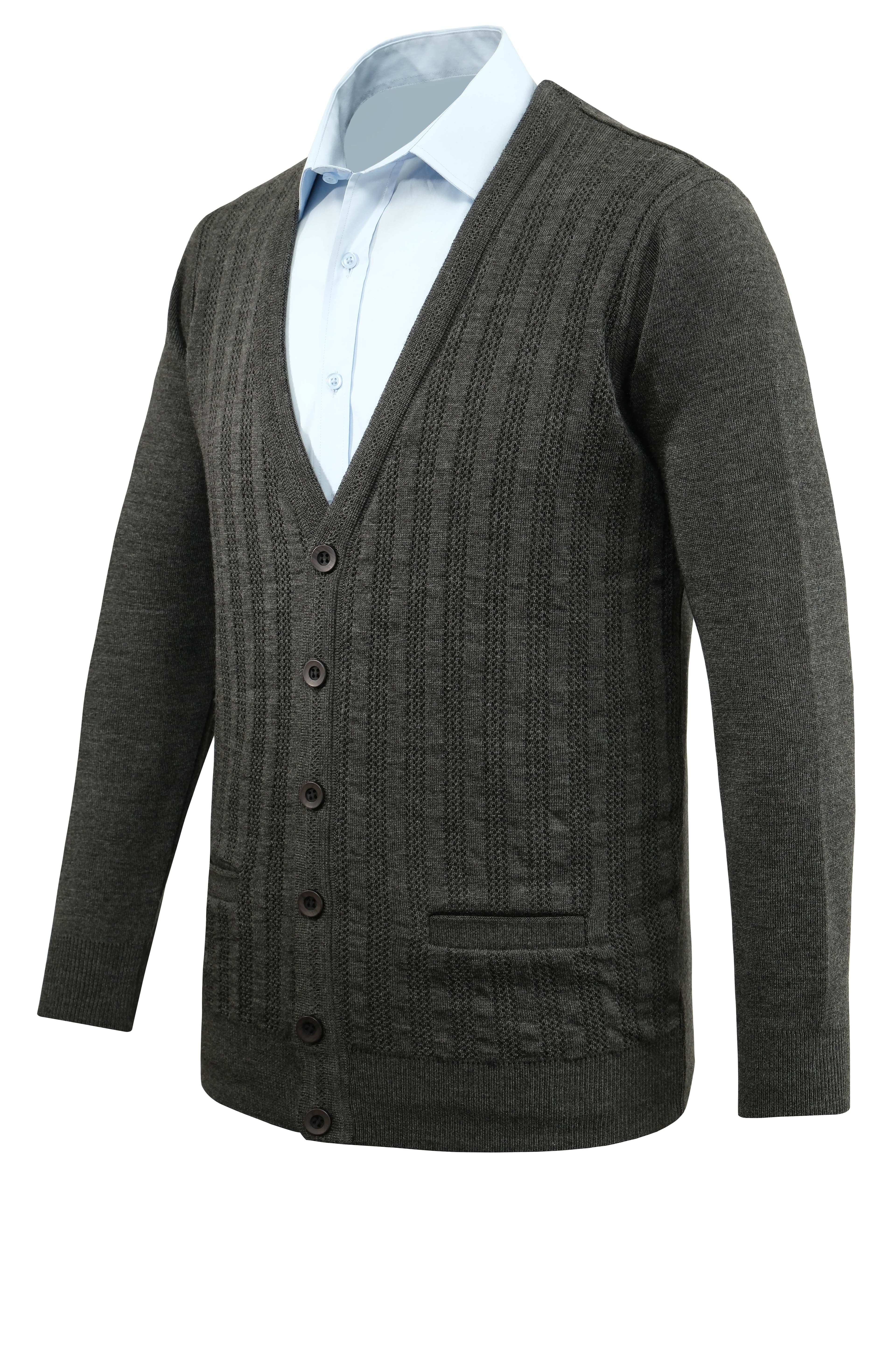 Erkek Düğmeli Hırka Cepli Desenli Çelik Örgü Klasik Kalıp - 5203M - ANTHRACITE