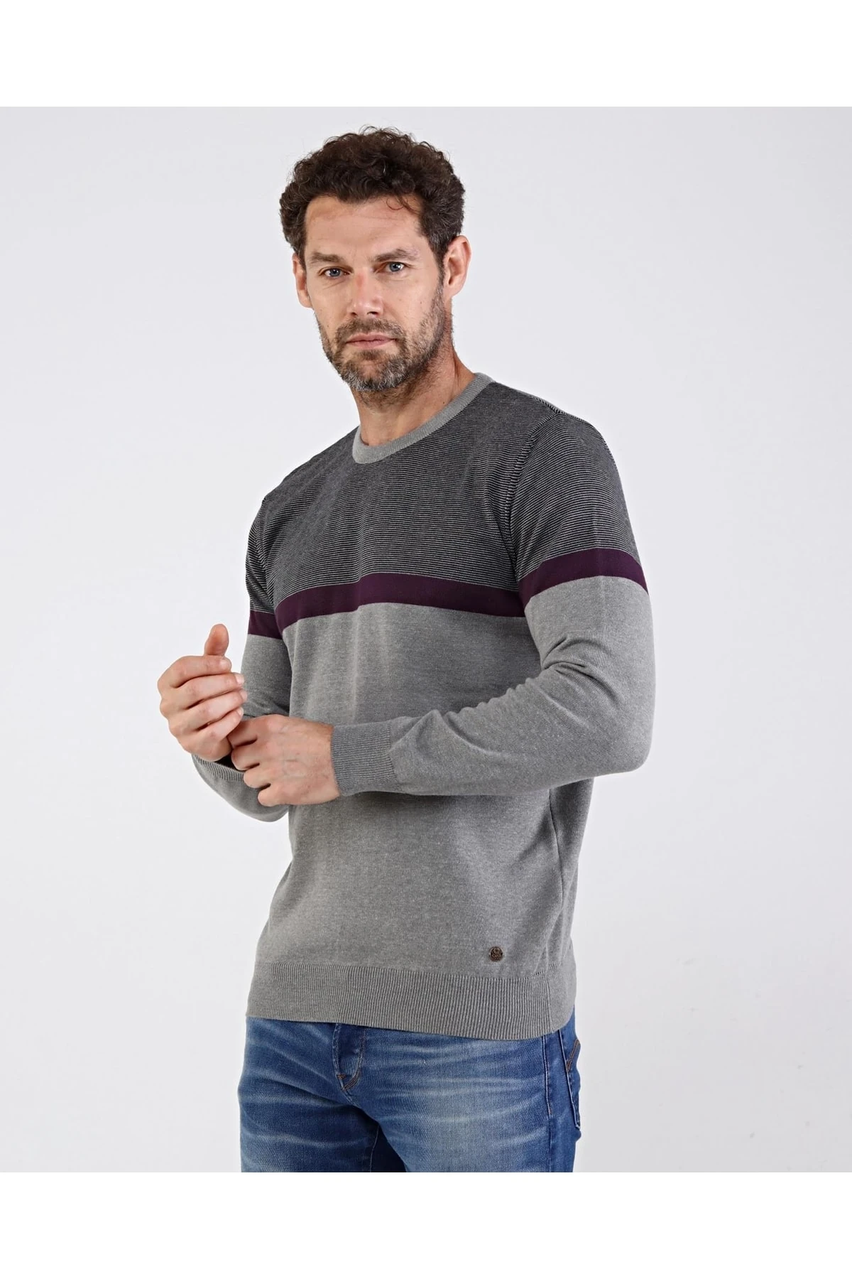 Erkek Sıfır Yaka Pamuklu Triko Gri Kazak Desenli Kol Ve Bel Lastikli Regular Kalıp