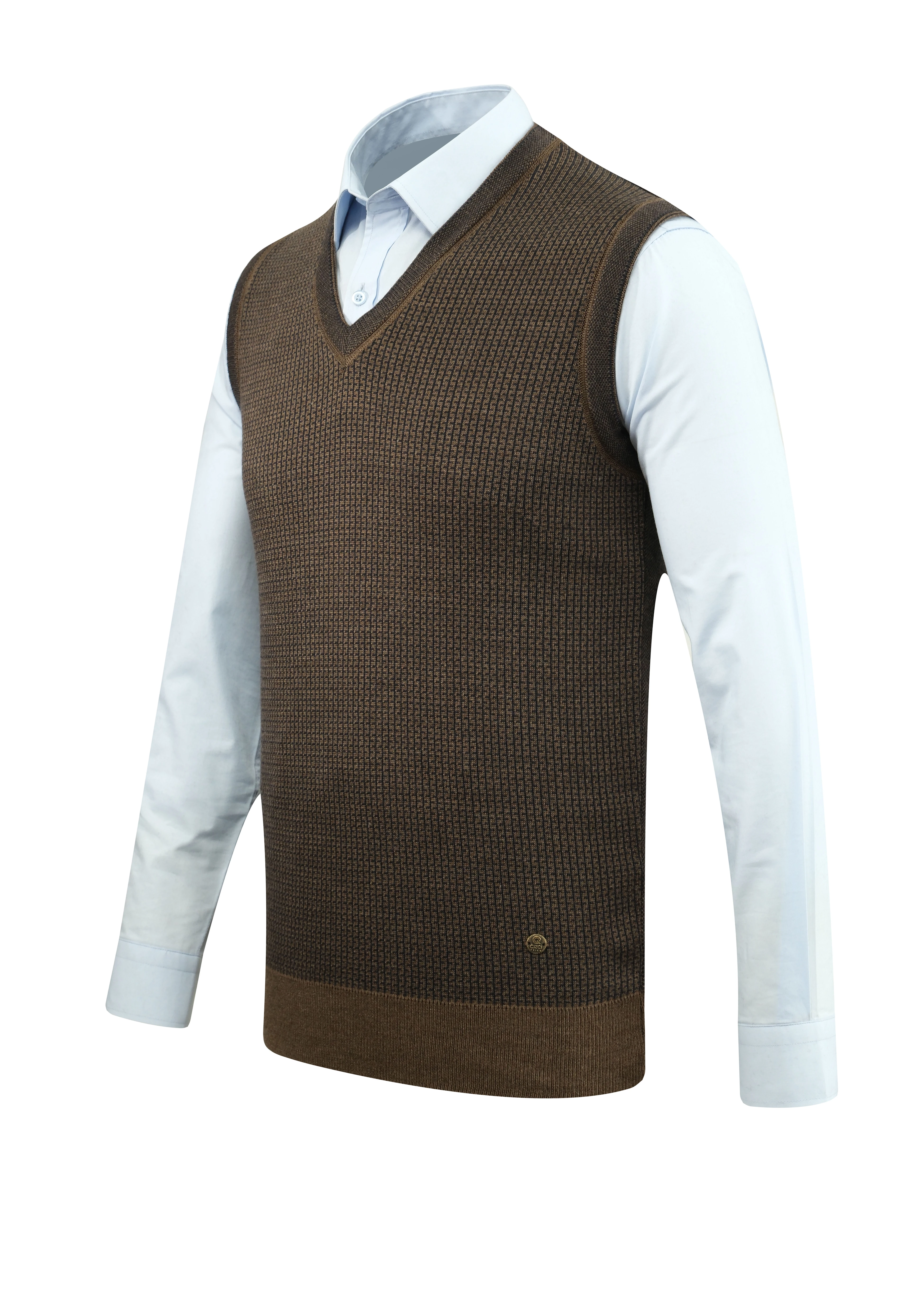 Erkek V Yaka Süveter Desenli Çelik Örgü Klasik Kalıp - 5208H - VİZON