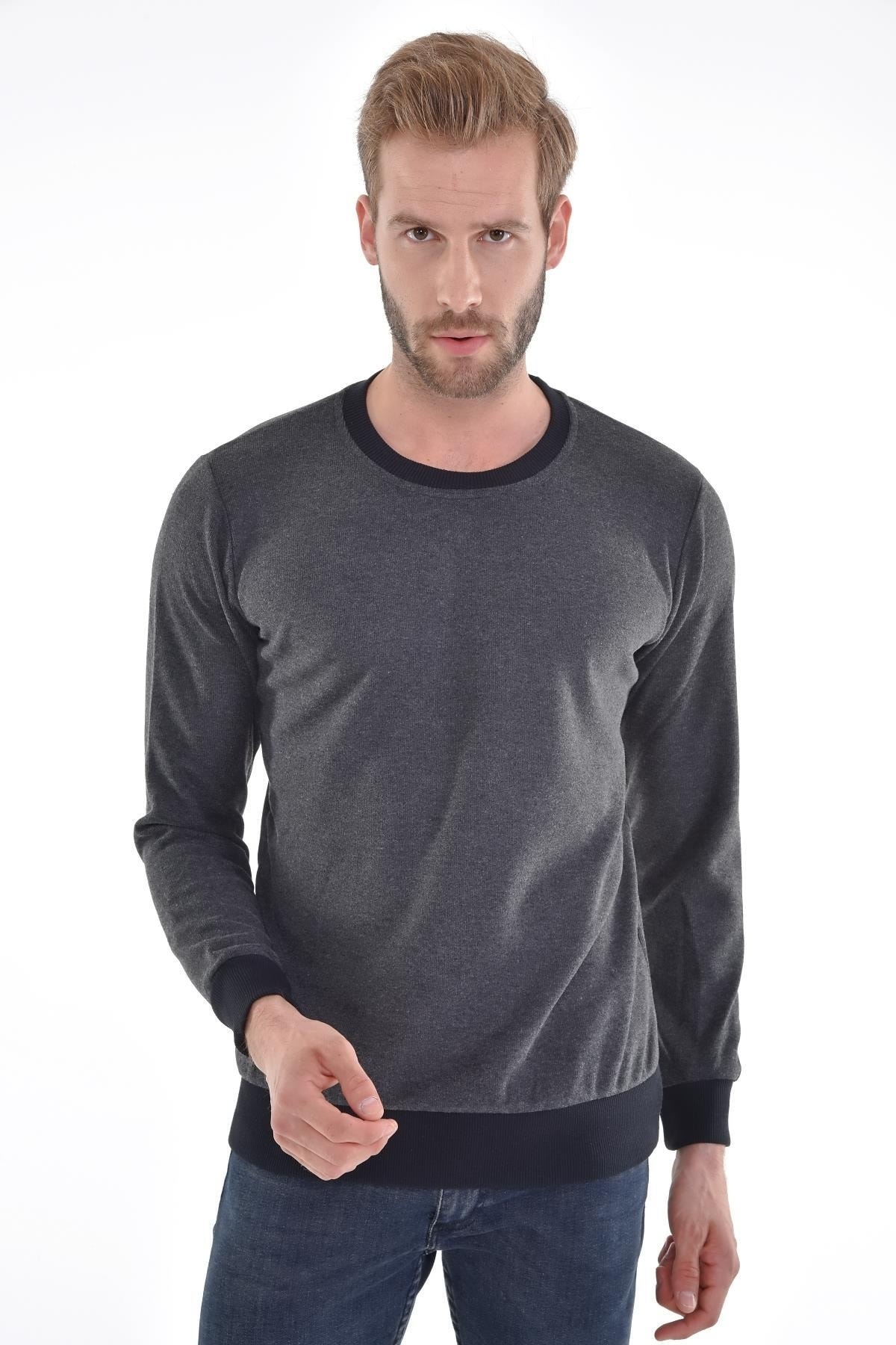 Erkek Sıfır Yaka Antrasit Sweat Kol Ve Bel Lasitkli Dokuma