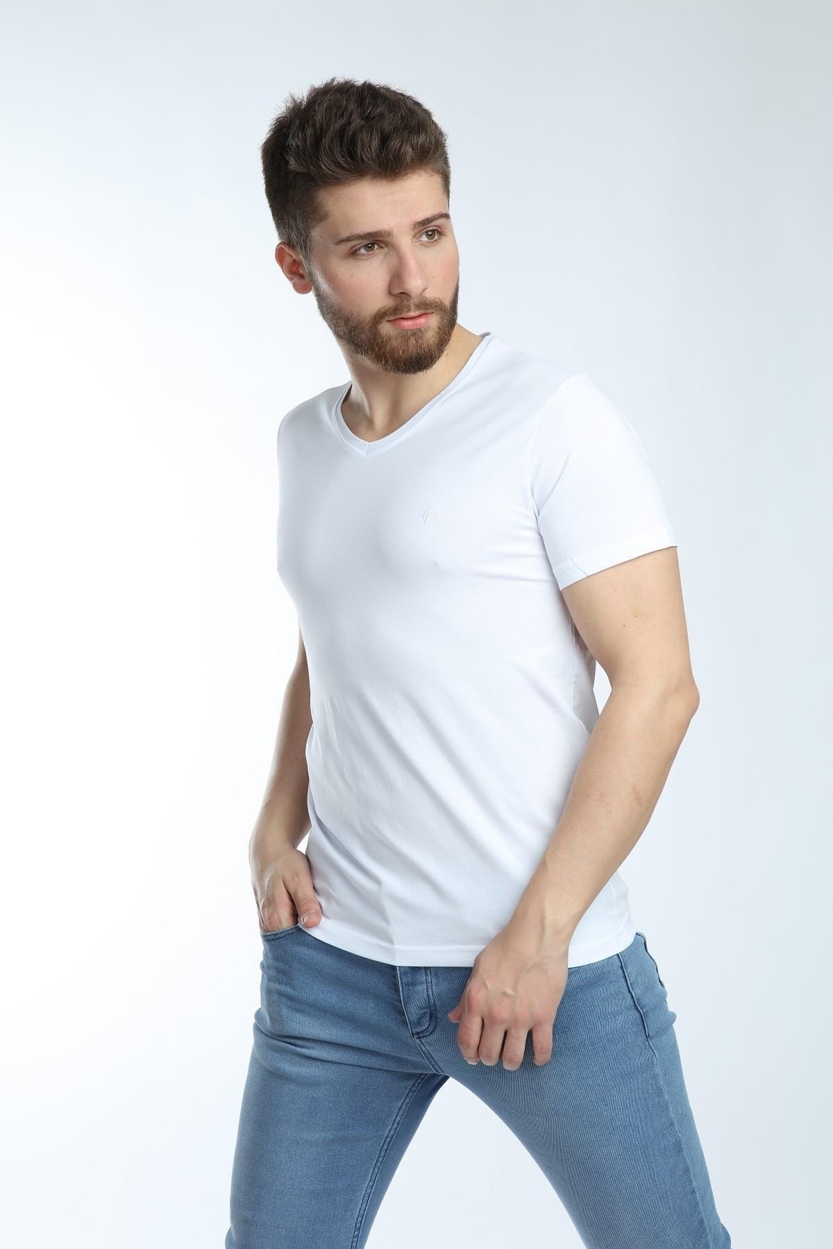 Erkek V Yaka Basic Tişört Düz Beyaz Renk Slim Fit