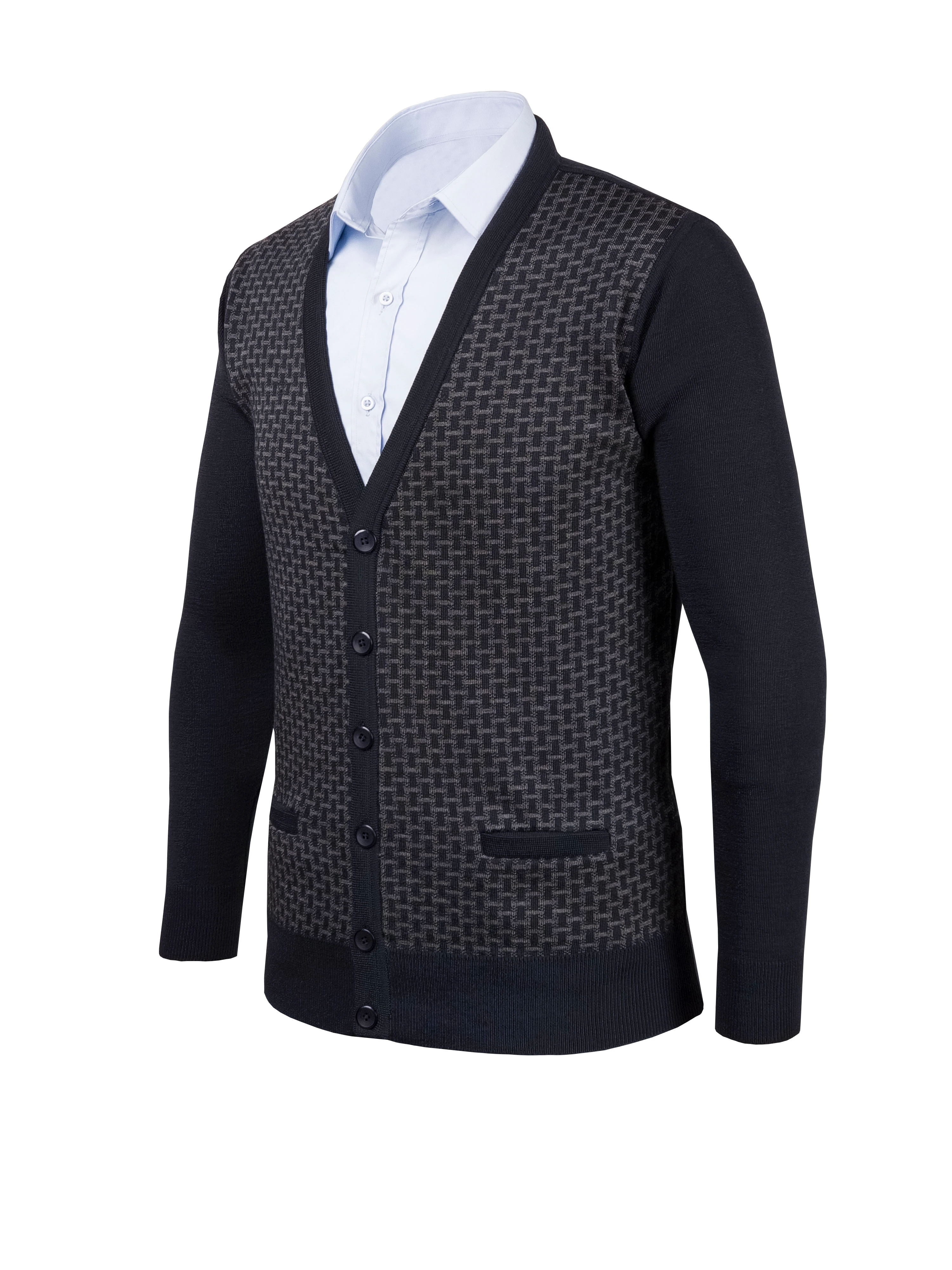 Çizgi Triko Erkek V Yaka Triko Hırka Düğmeli Cep Detaylı Desenli Çelik Örgü Klasik Kalıp