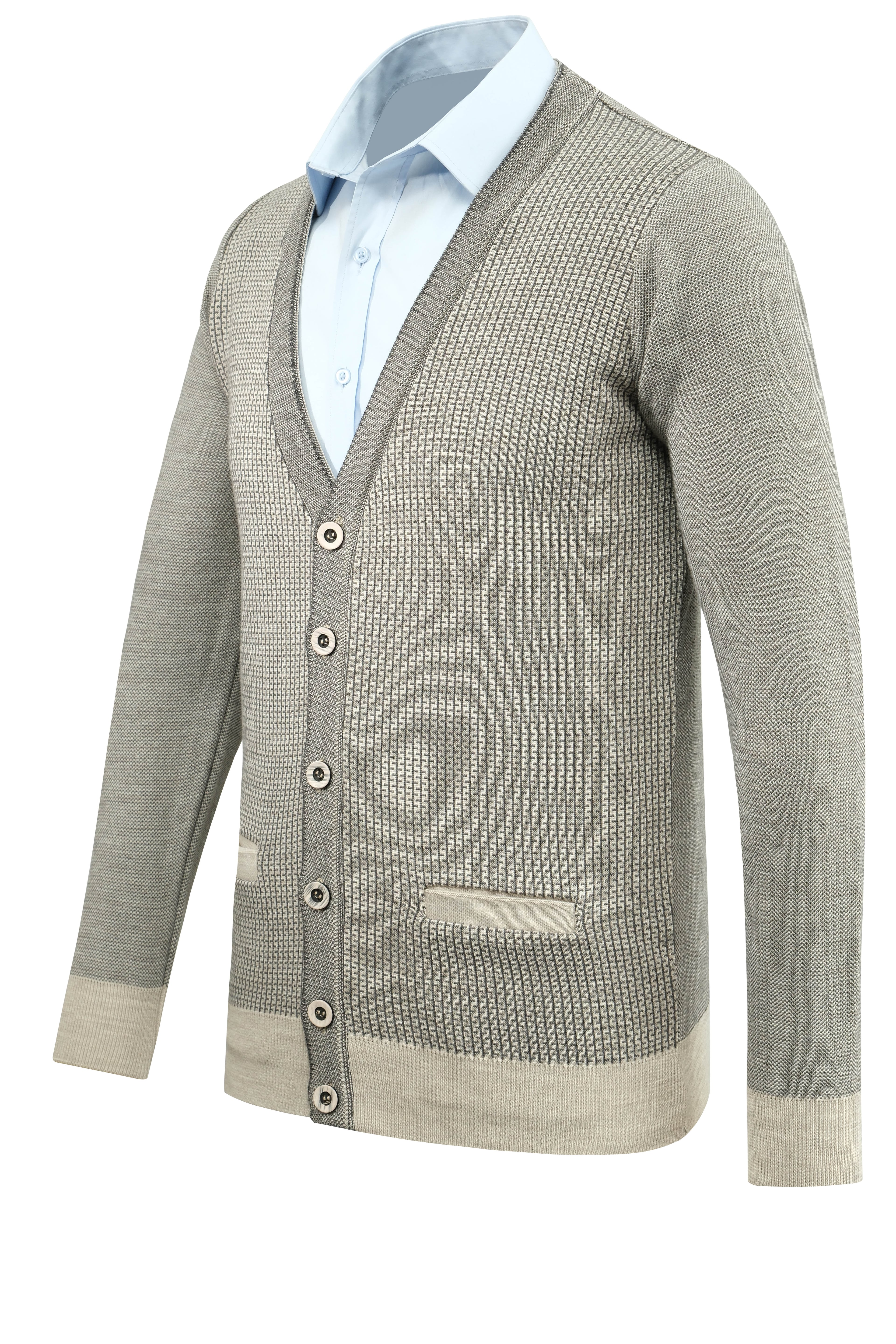 Erkek Düğmeli Hırka Cepli Desenli Çelik Örgü Klasik Kalıp - 5208M - TAŞ