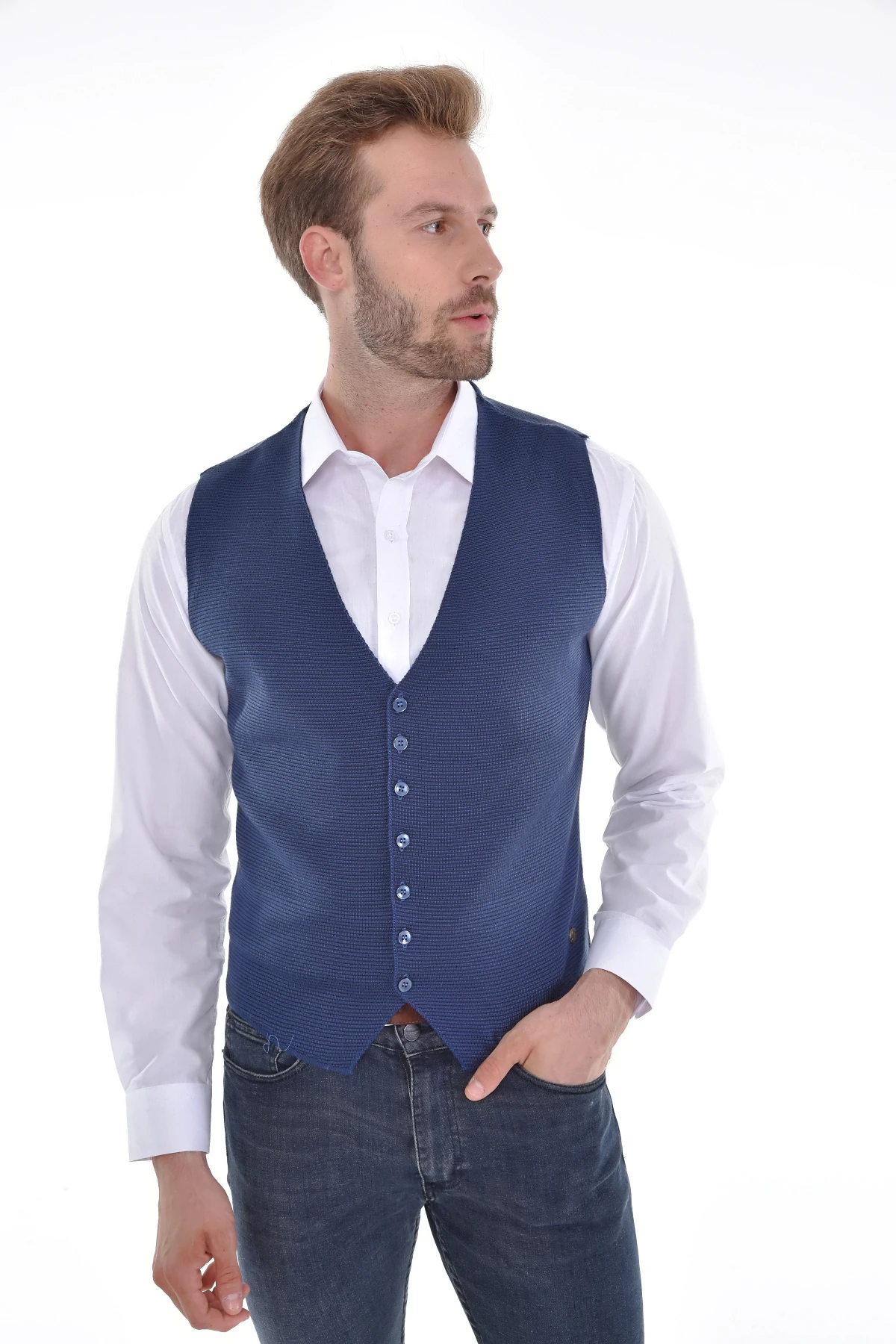 Çizgi Triko Erkek Düğmeli Spor / Klasik Triko Örme Kolsuz Yelek