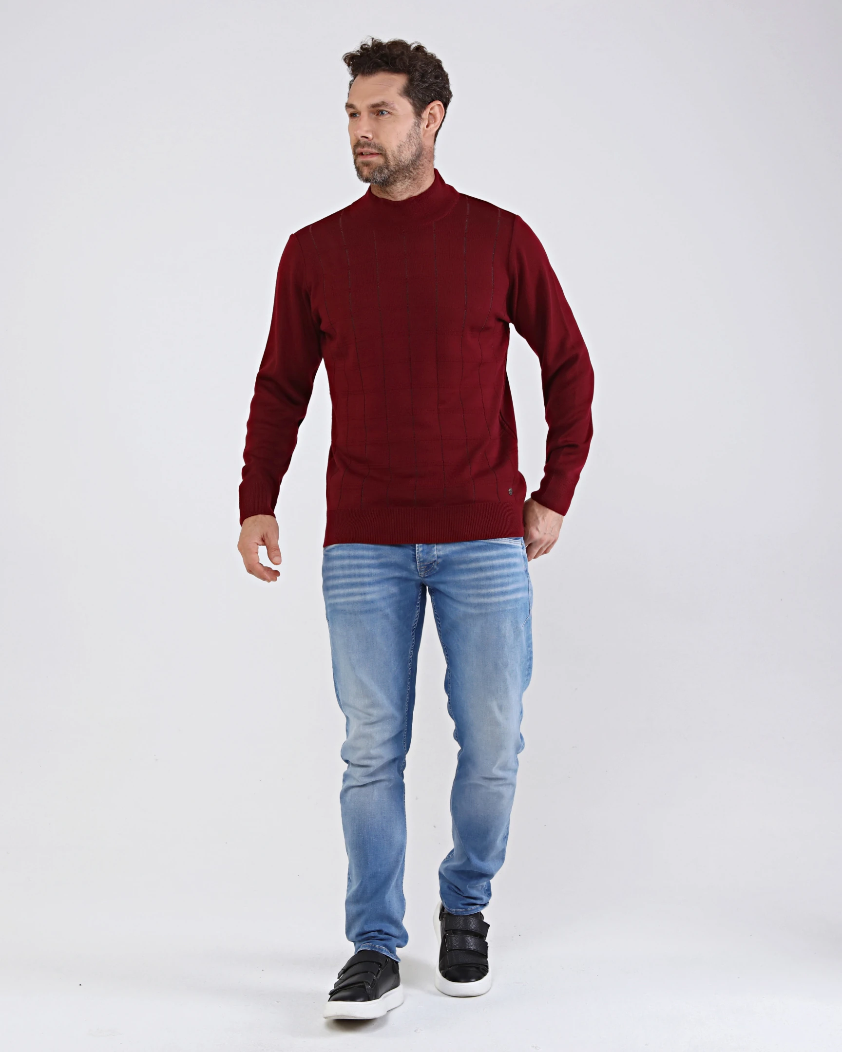 Çizgi Triko Erkek Yarım Balıkçı Yaka Triko Kazak Desenli Kol Ve Bel Lastikli Çelik Örgü Klasik Kalıp