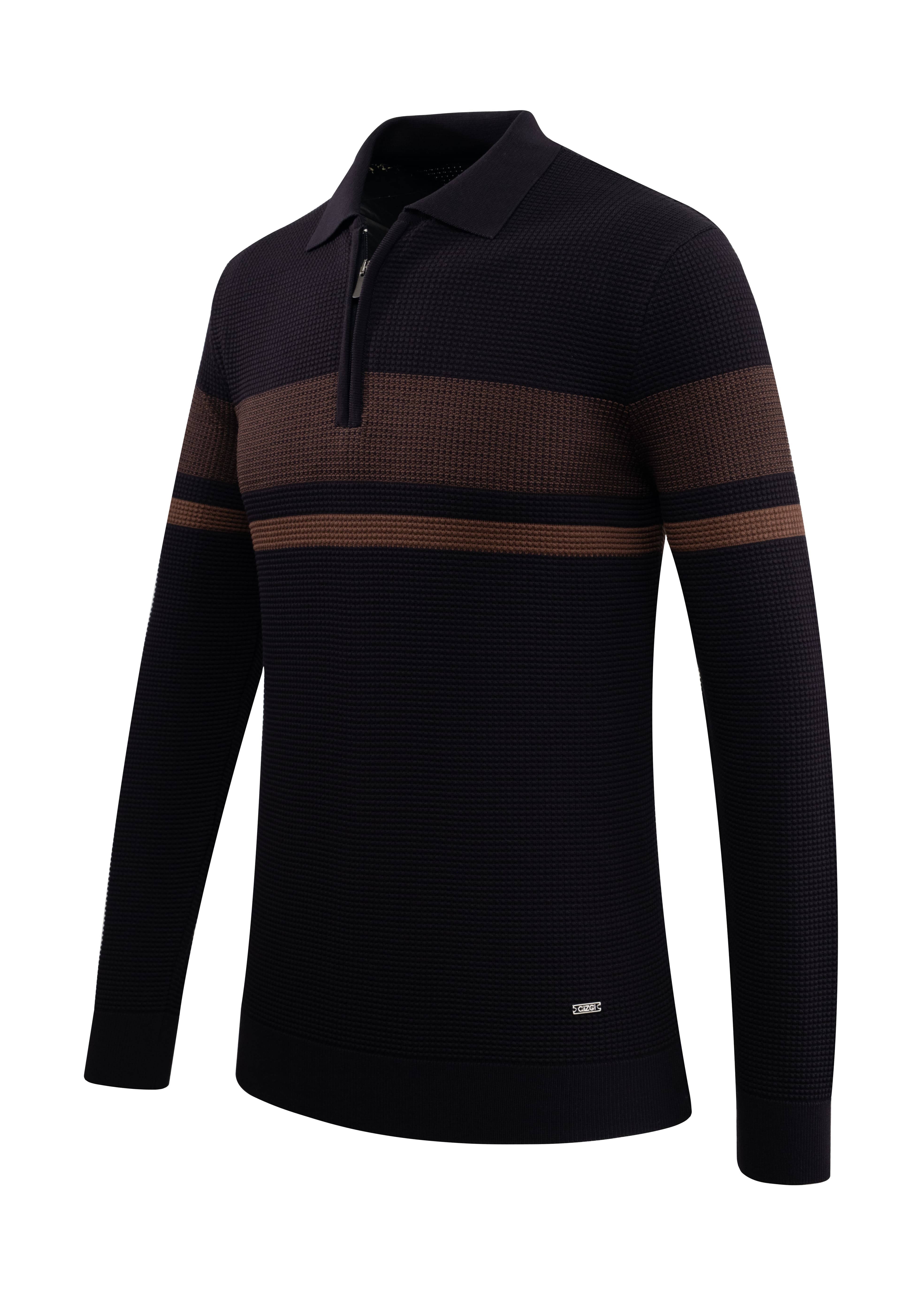 Erkek Fermuarlı Polo Yaka Kazak Triko Kabartmalı Örgü Desenli Klasik Kalıp - 5241F - NAVY BLUE