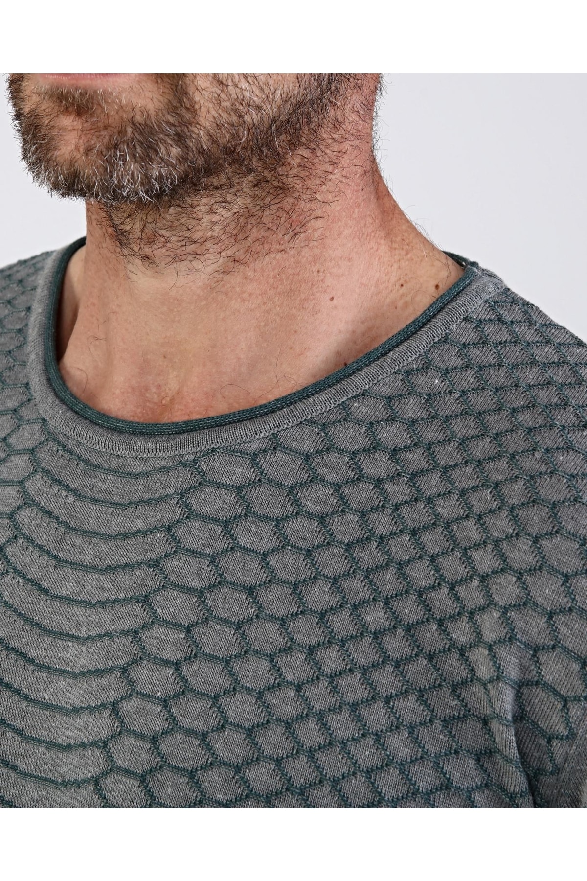 Erkek Sıfır Yaka Pamuklu Triko Gri Kazak Desenli Kol Ve Bel Lastikli Regular Kalıp