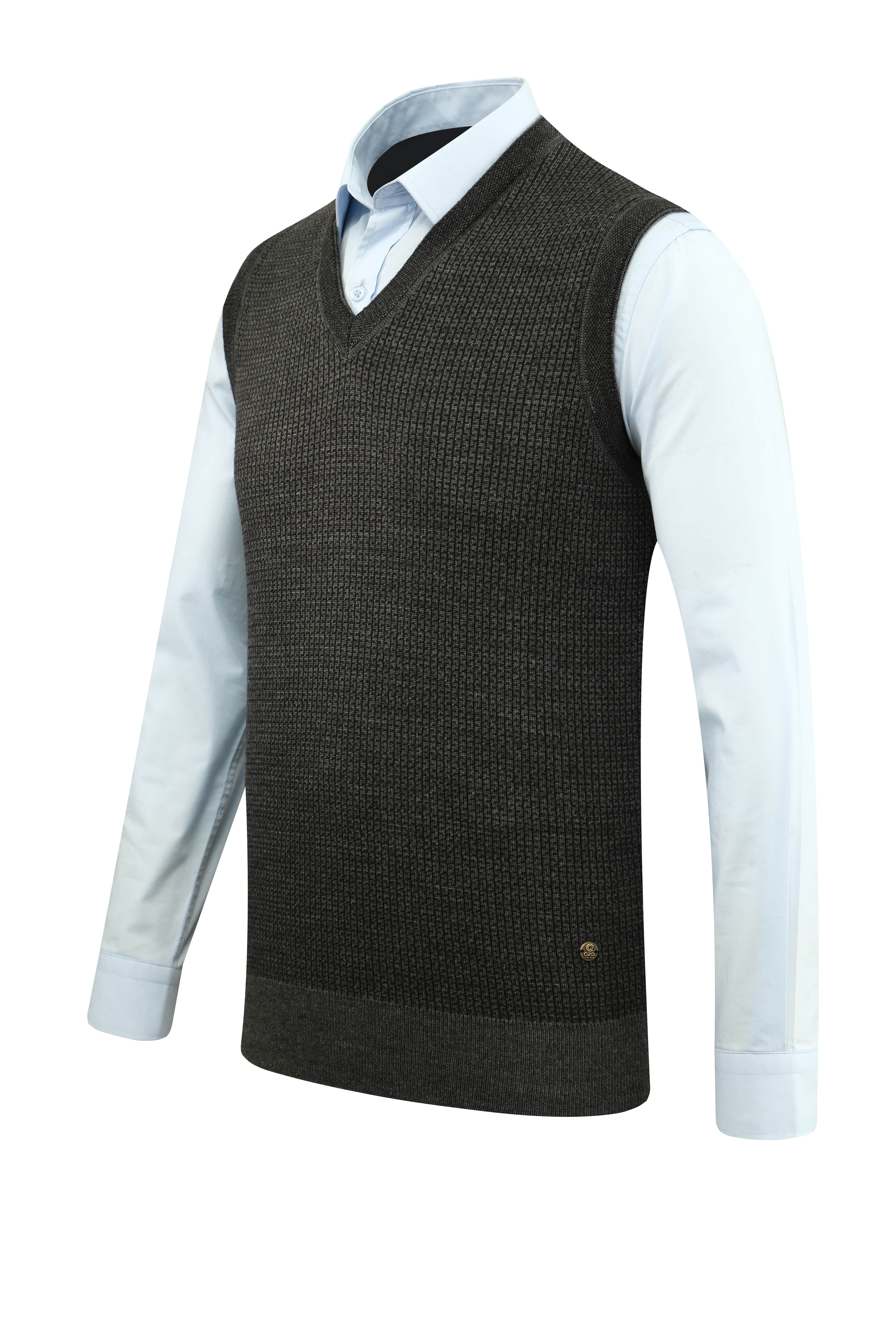 Erkek Büyük Beden V Yaka Süveter Desenli Çelik Örgü Klasik Kalıp - 5208HB - ANTHRACITE