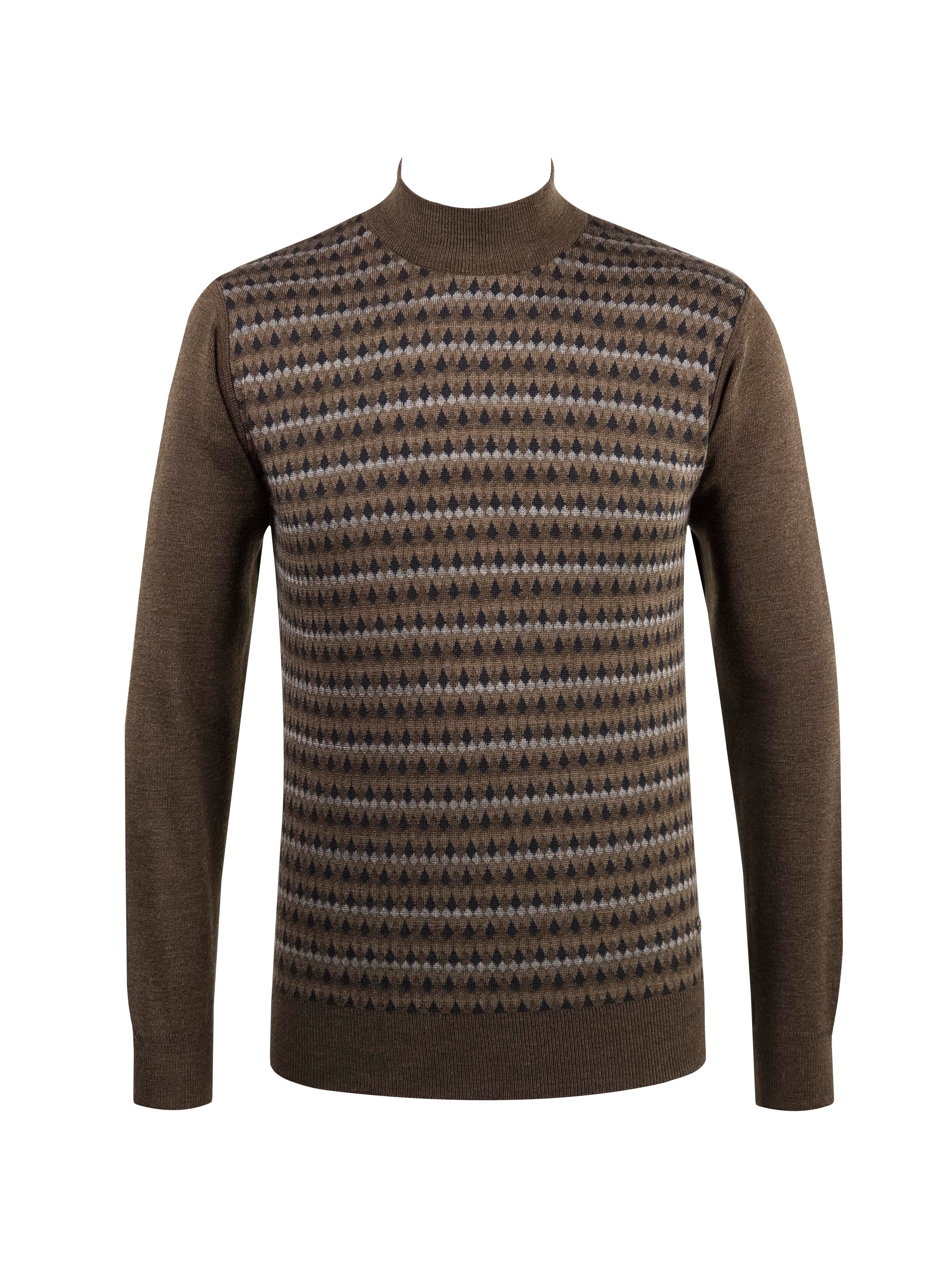 Line Knitwear Men's Half Turtleneck Knitwear Sweater Patterned Sleeve and Waist Elastic Steel Knitted Classic Pattern -4802B - BROWN