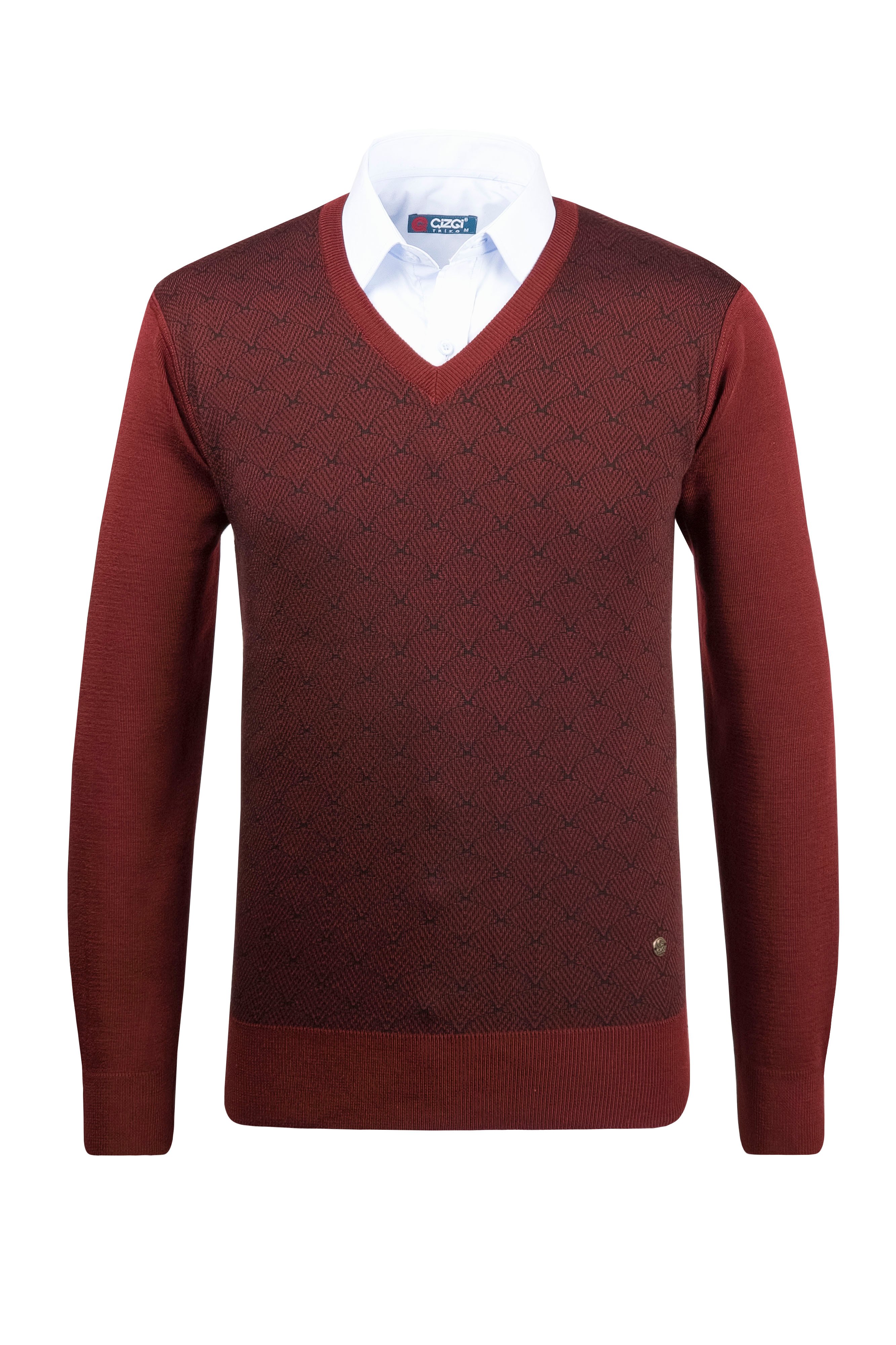 Stripe Knitwear Men's V-Neck Knitwear Sweater Patterned Sleeve and Waist Elastic Steel Knitted Classic Pattern - BORDO