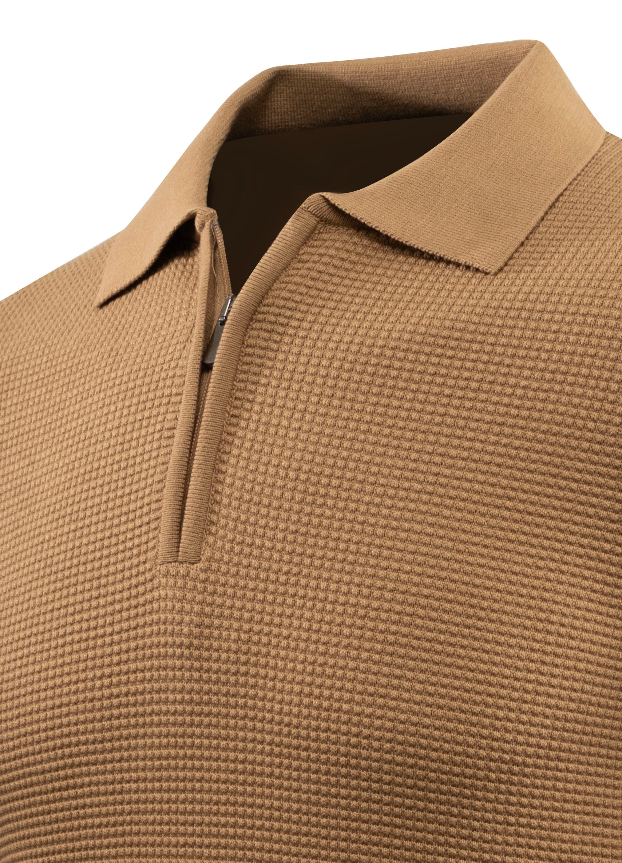 Erkek Fermuarlı Polo Yaka Kazak Triko Kabartmalı Örgü Düz Renk Klasik Kalıp - 5240F - CAMEL
