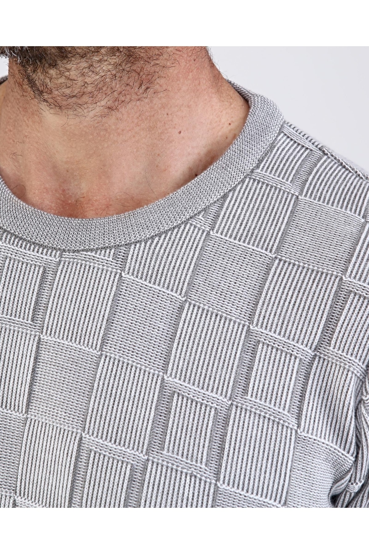 Erkek Sıfır Yaka Pamuklu Triko Gri Kazak Desenli Kol Ve Bel Lastikli Regular Kalıp