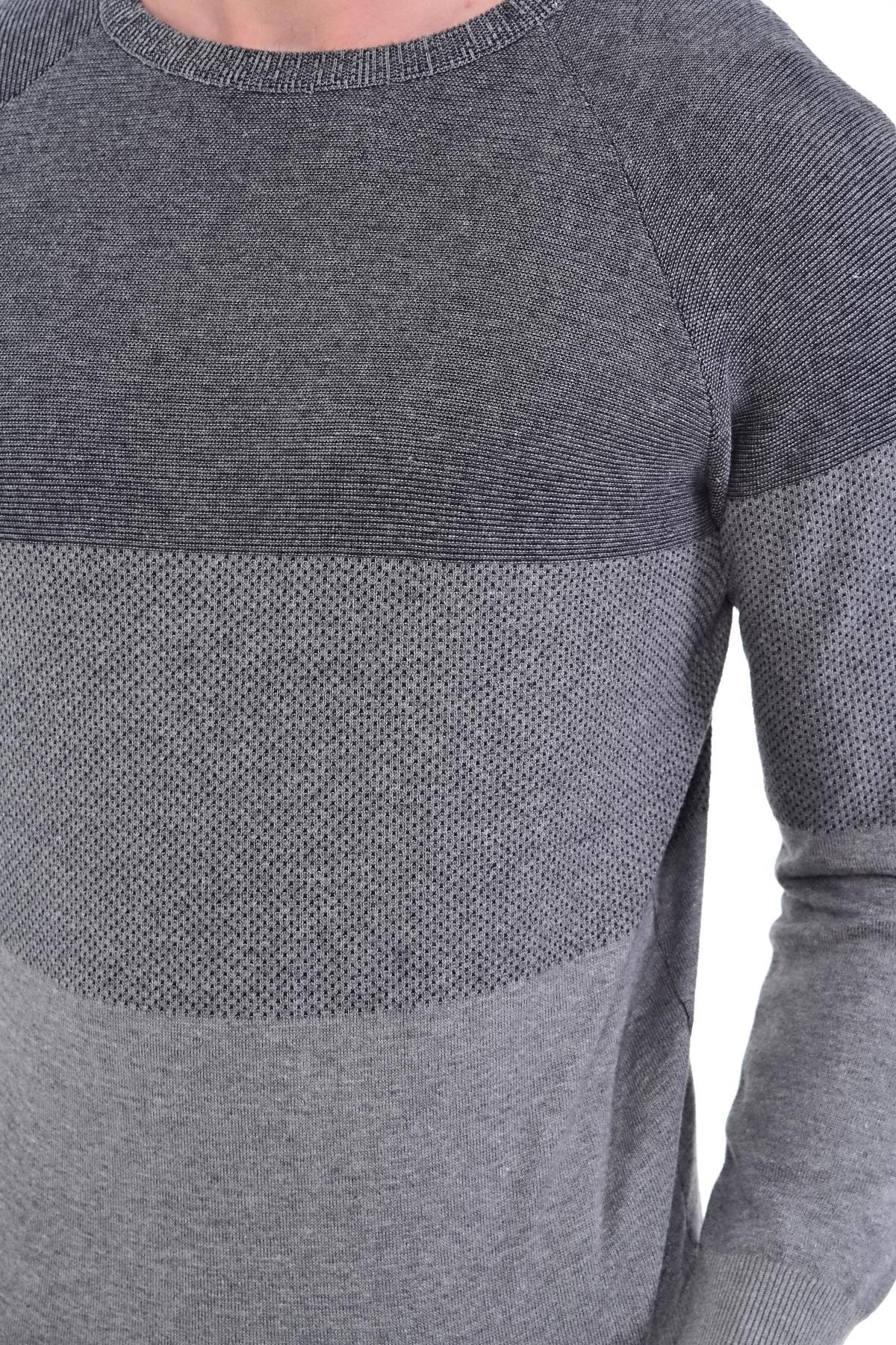 Erkek Sıfır Yaka Pamuklu Triko Gri Kazak Desenli Kol Ve Bel Lastikli Dokuma