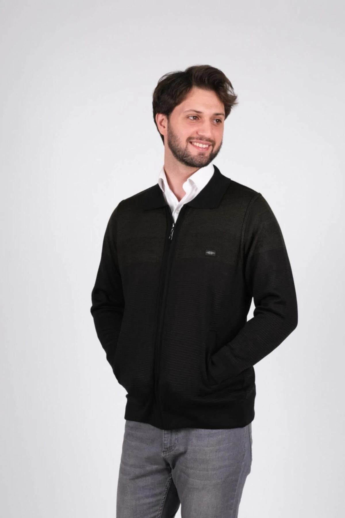 Erkek Polo Yaka Astarlı Triko Mont Fermuarlı Desenli Çelik Örgü