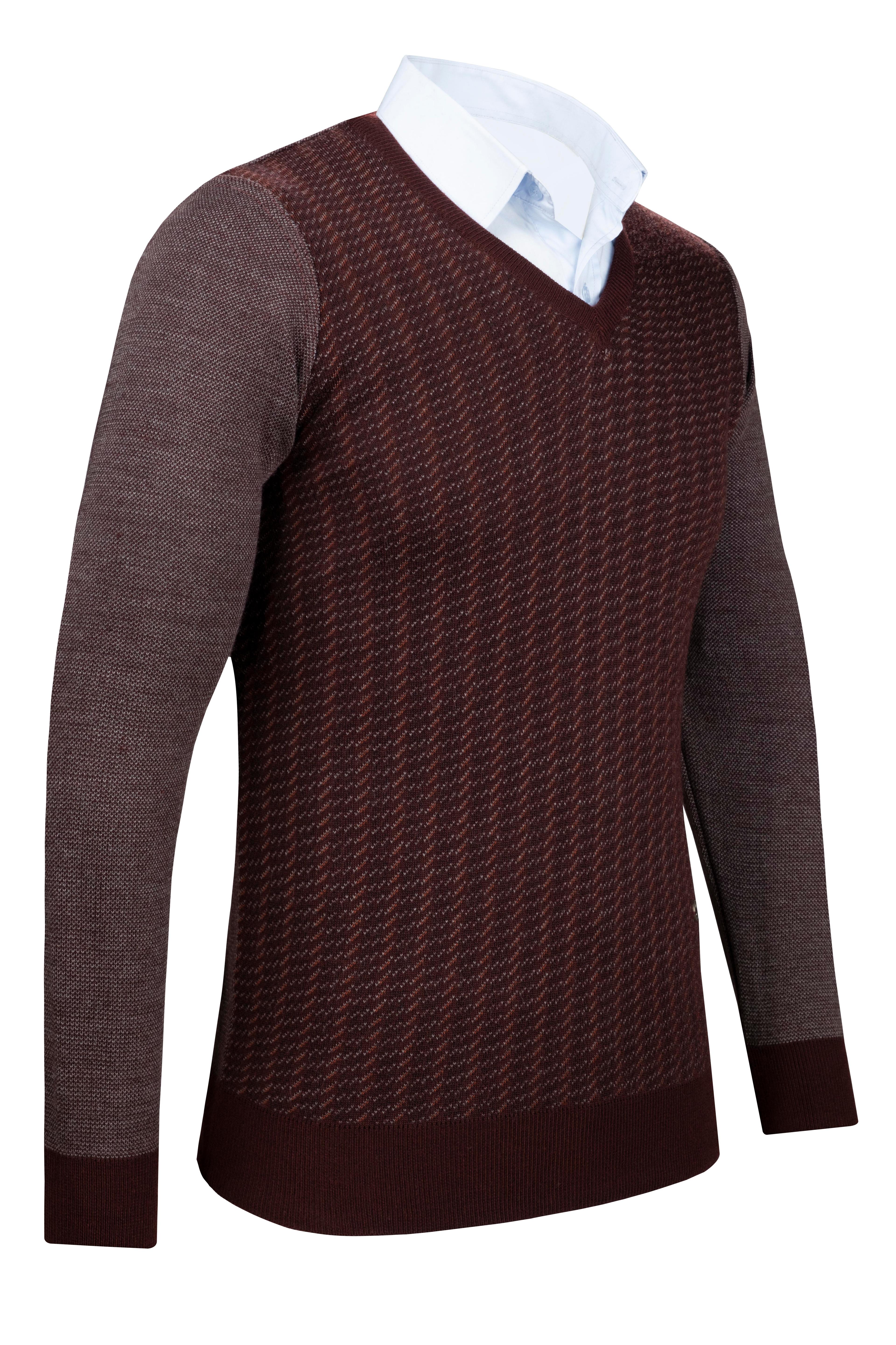 Stripe Knitwear Men's V-Neck Knitwear Sweater Patterned Sleeve and Waist Elastic Steel Knitted Classic Pattern - 5010D - BORDO