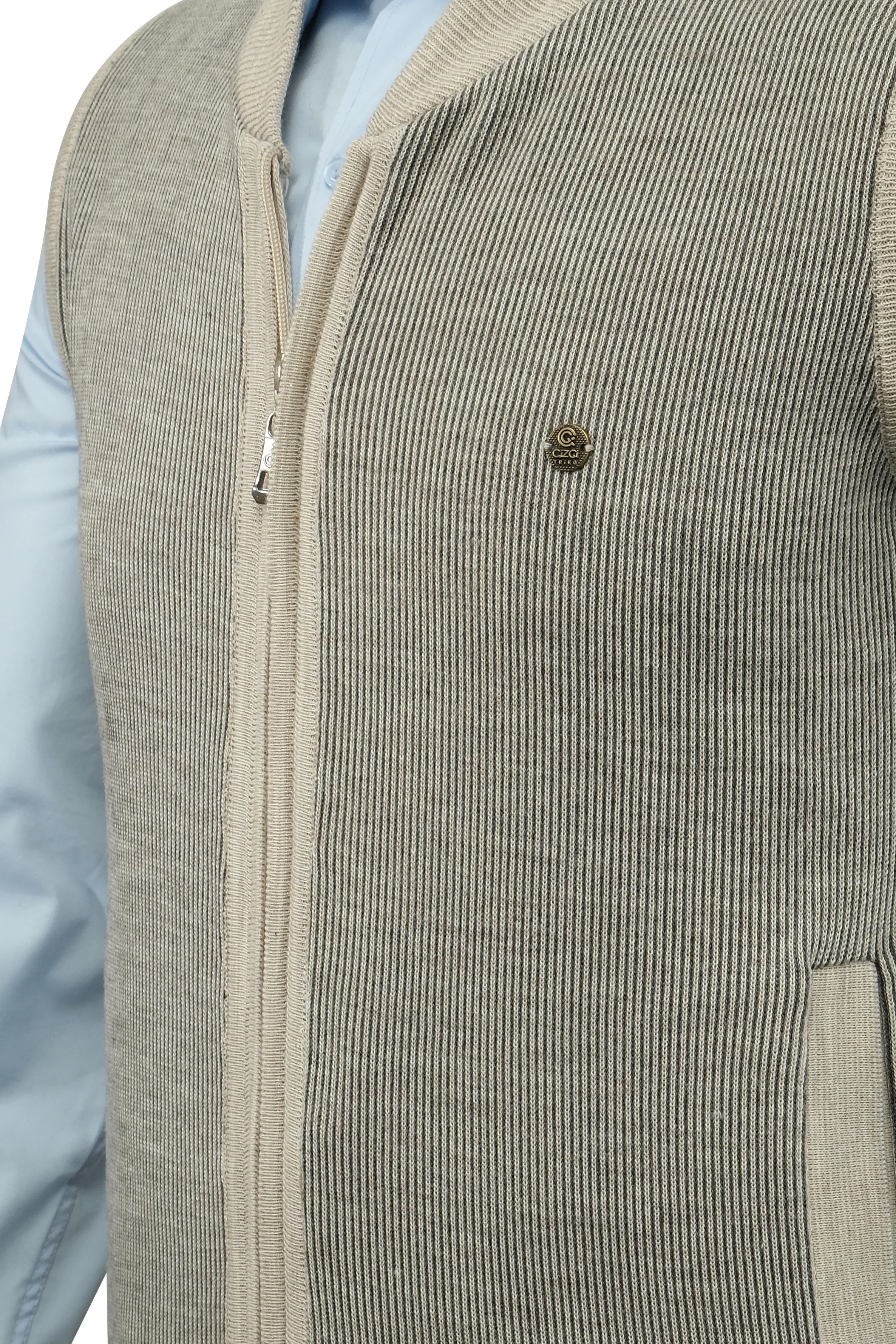 Çizgi Triko Erkek Triko Yelek Fermuarlı Cepli Çelik Örgü Triko Klasik Kalıp - 5015J