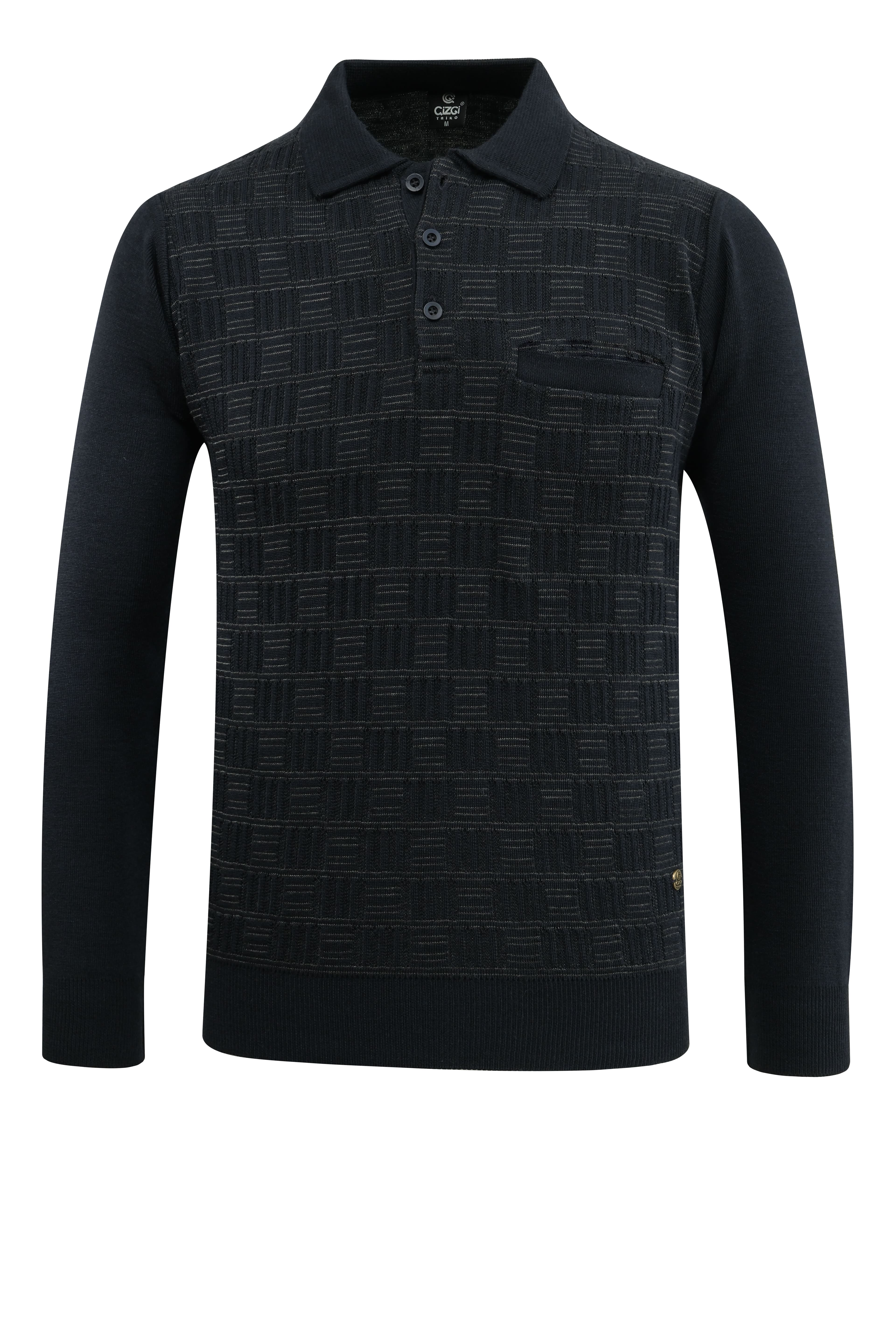 Erkek Büyük Beden Polo Yaka Kazak Cepli Kabarmalı Çelik Örgü Klasik Kalıp - 5215FB - NAVY BLUE