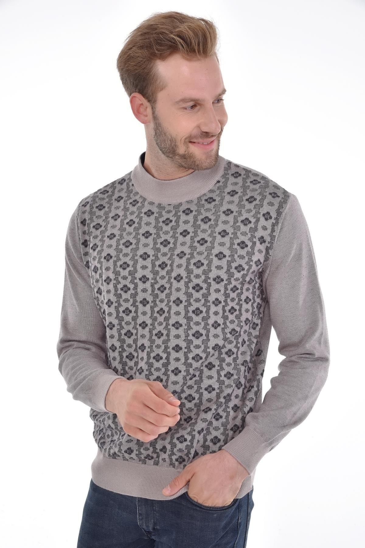 Erkek Yarım Balıkçı Yaka Pamuklu Triko Bej Kazak Desenli Kol Ve Bel Lastikli Dokuma