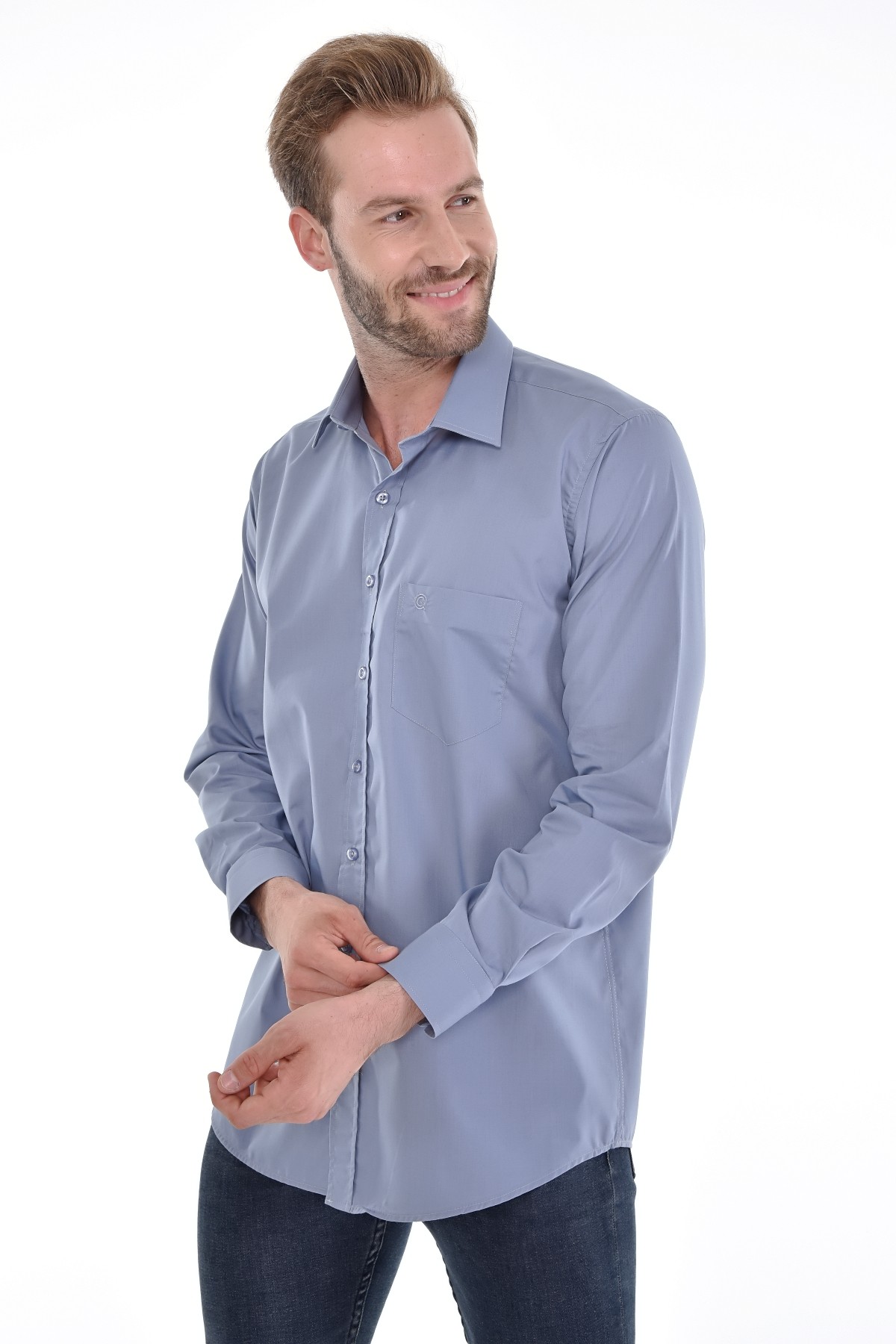 Çizgi Triko Cepli Klasik Kalıp Düz Renk Uzun Kollu Erkek Gömlek - GRİ