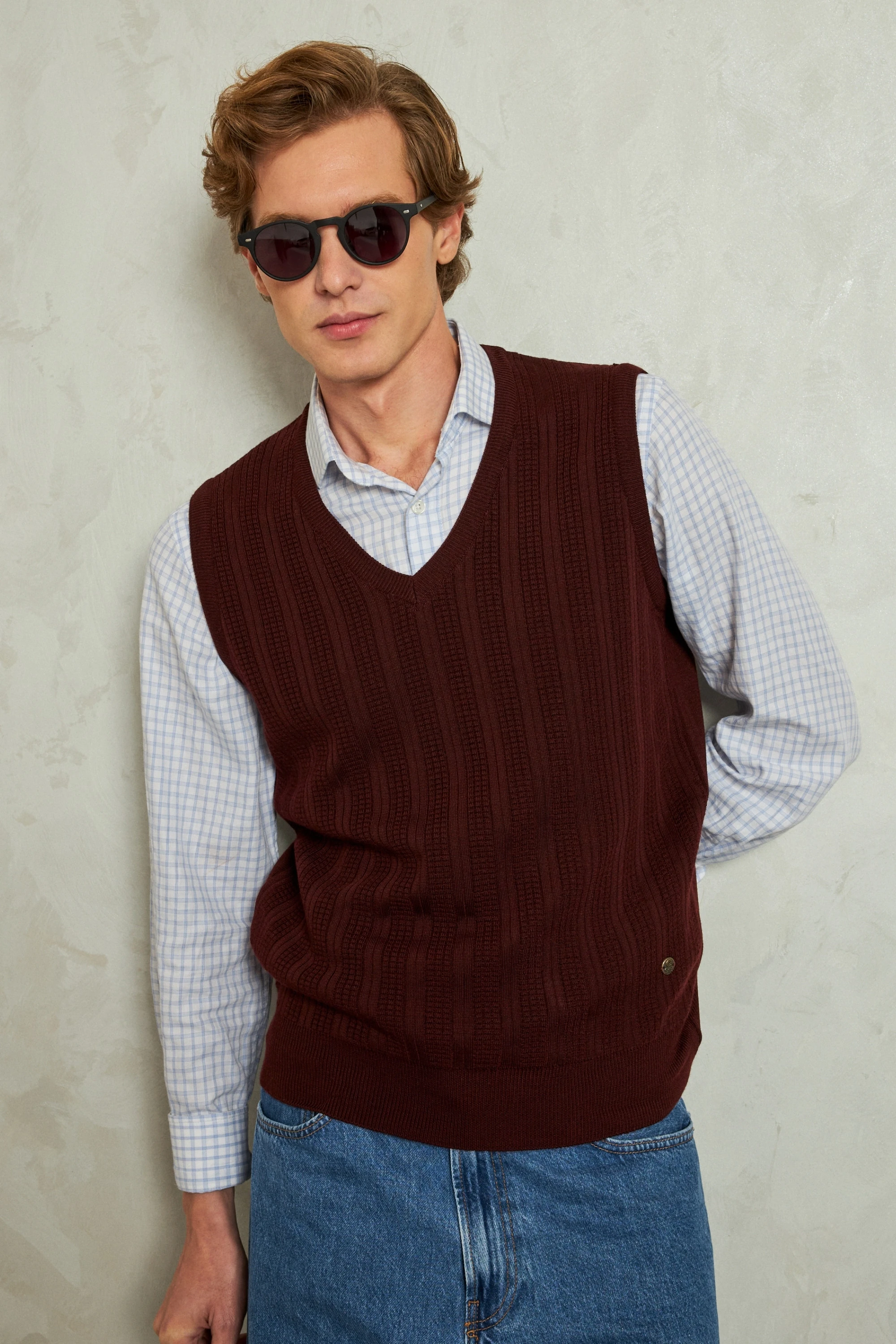 Erkek V Yaka Süveter Desenli Çelik Örgü Klasik Kalıp - 5209H