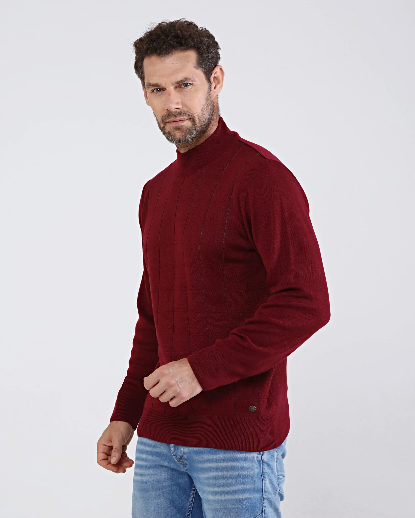 Çizgi Triko Erkek Yarım Balıkçı Yaka Triko Kazak Desenli Kol Ve Bel Lastikli Çelik Örgü Klasik Kalıp