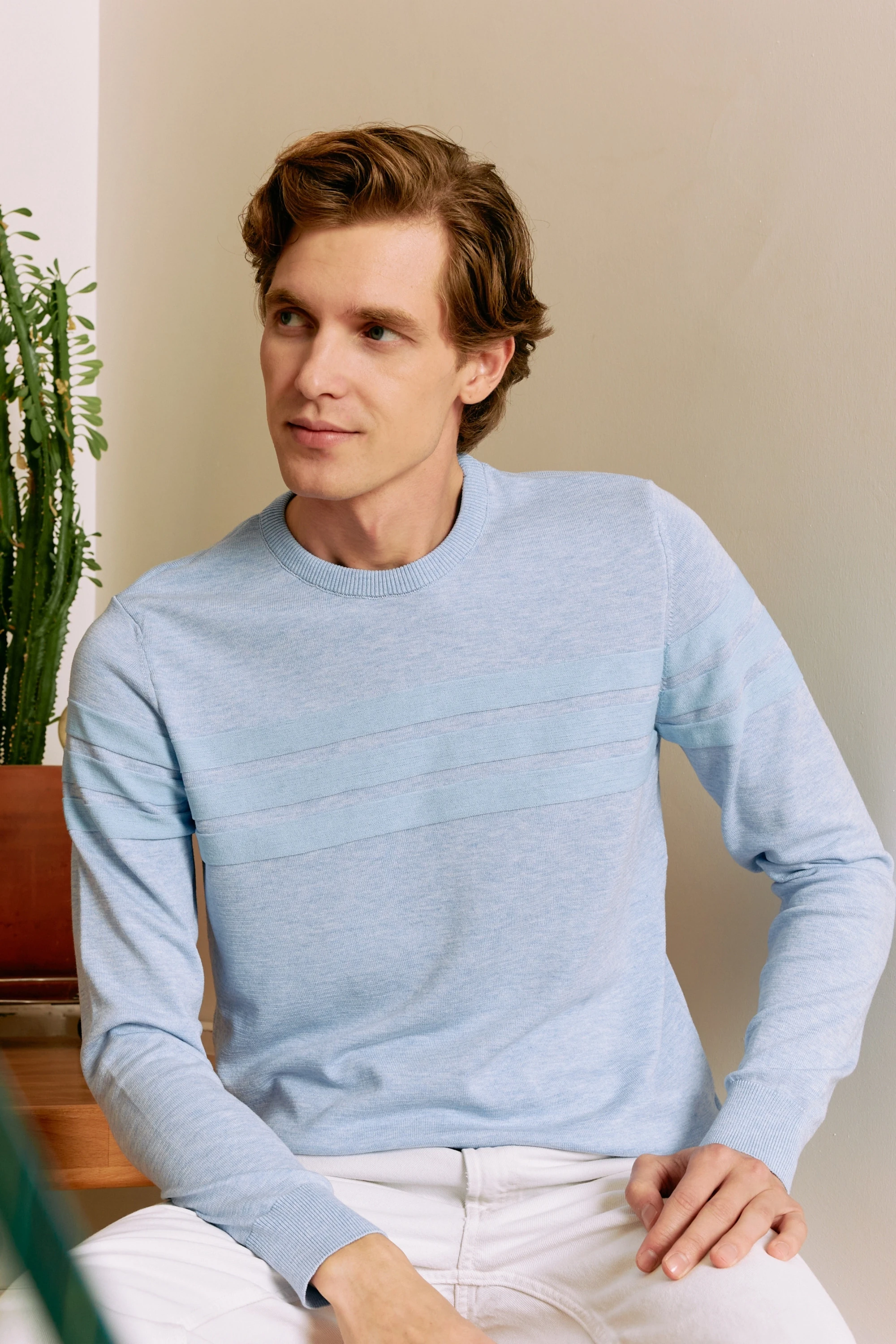 Erkek Sıfır Yaka Kazak Triko Şerit Desenli Klasik Kalıp - 5247C