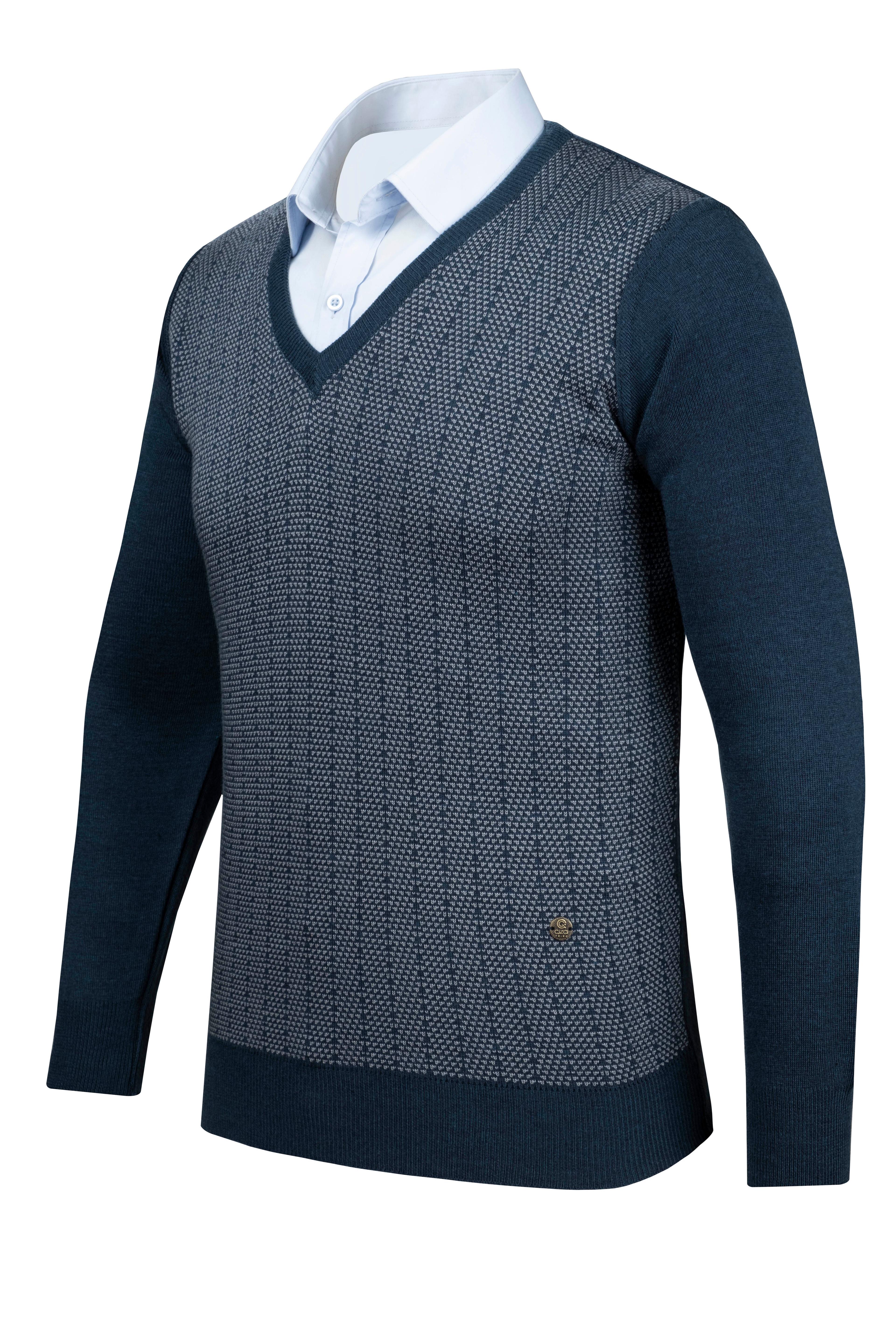 Stripe Knitwear Men's V-Neck Knitwear Sweater Patterned Sleeve and Waist Elastic Steel Knitted Classic Pattern - 5007D - PETROL