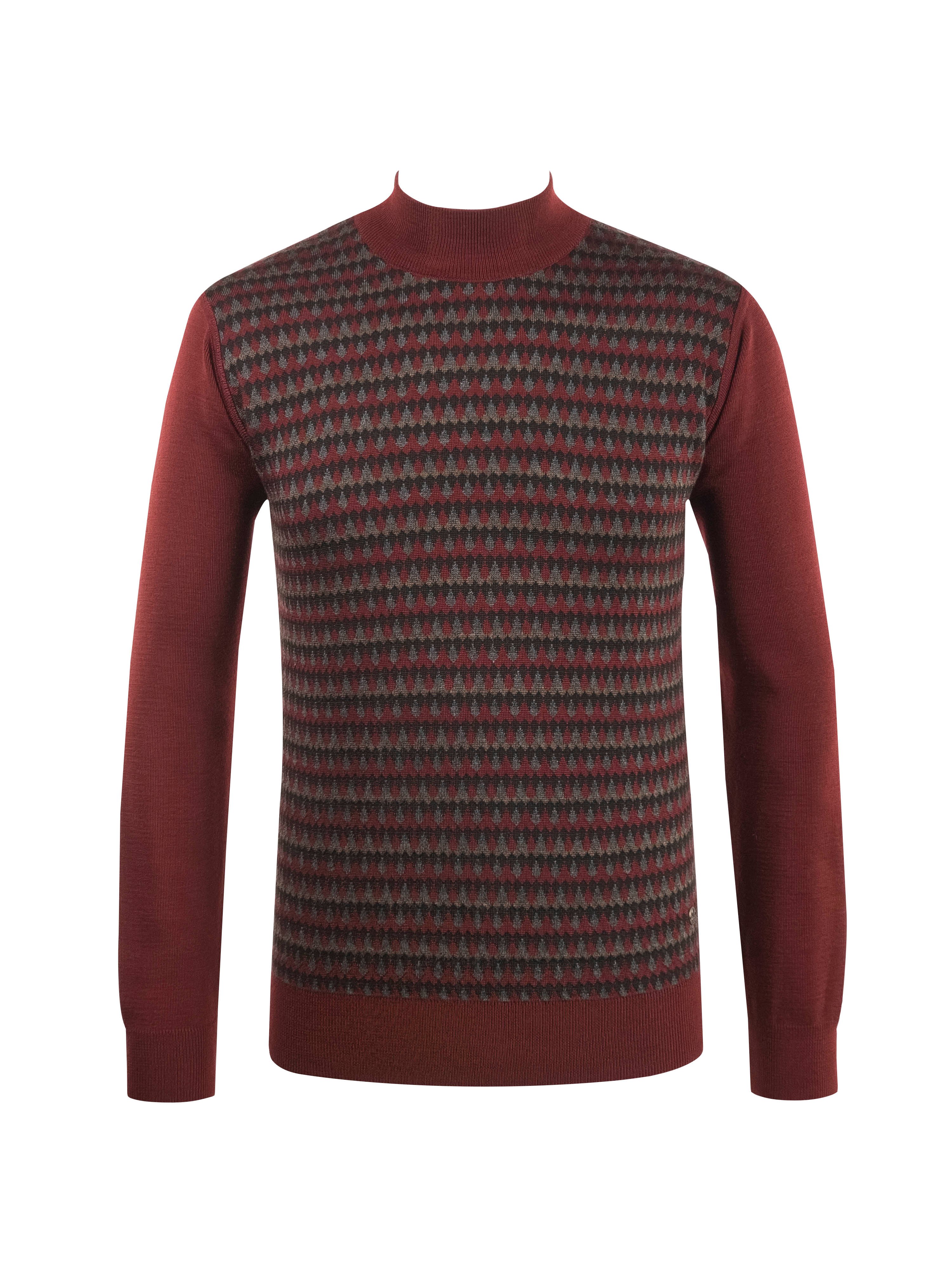 Line Knitwear Men's Half Turtleneck Knitwear Sweater Patterned Sleeve and Waist Elastic Steel Knitted Classic Pattern -4802B - BURGUNDY