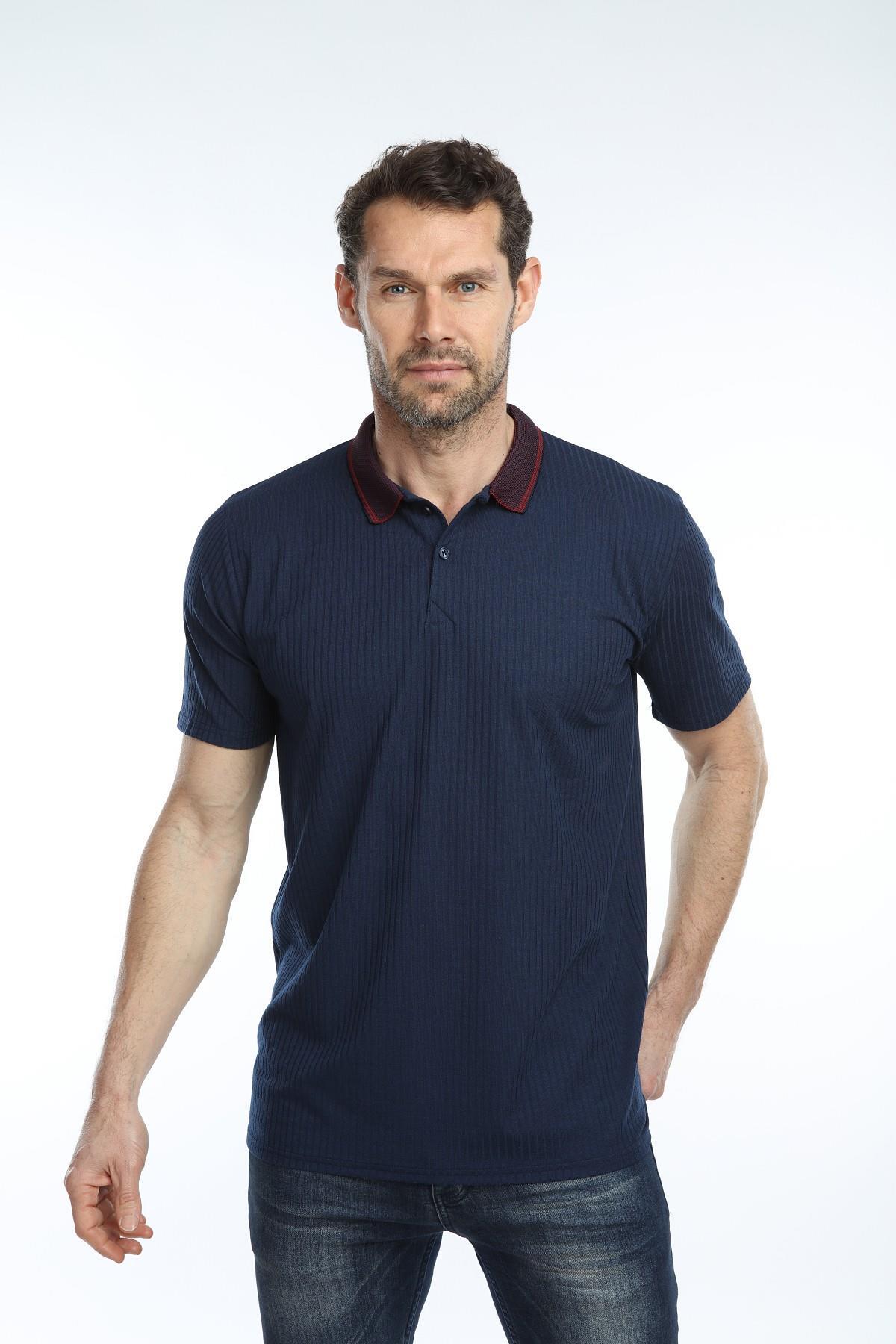 Erkek Polo Yaka Basic Tişört Fitilli Düz Lacivert Renk Slim Fit
