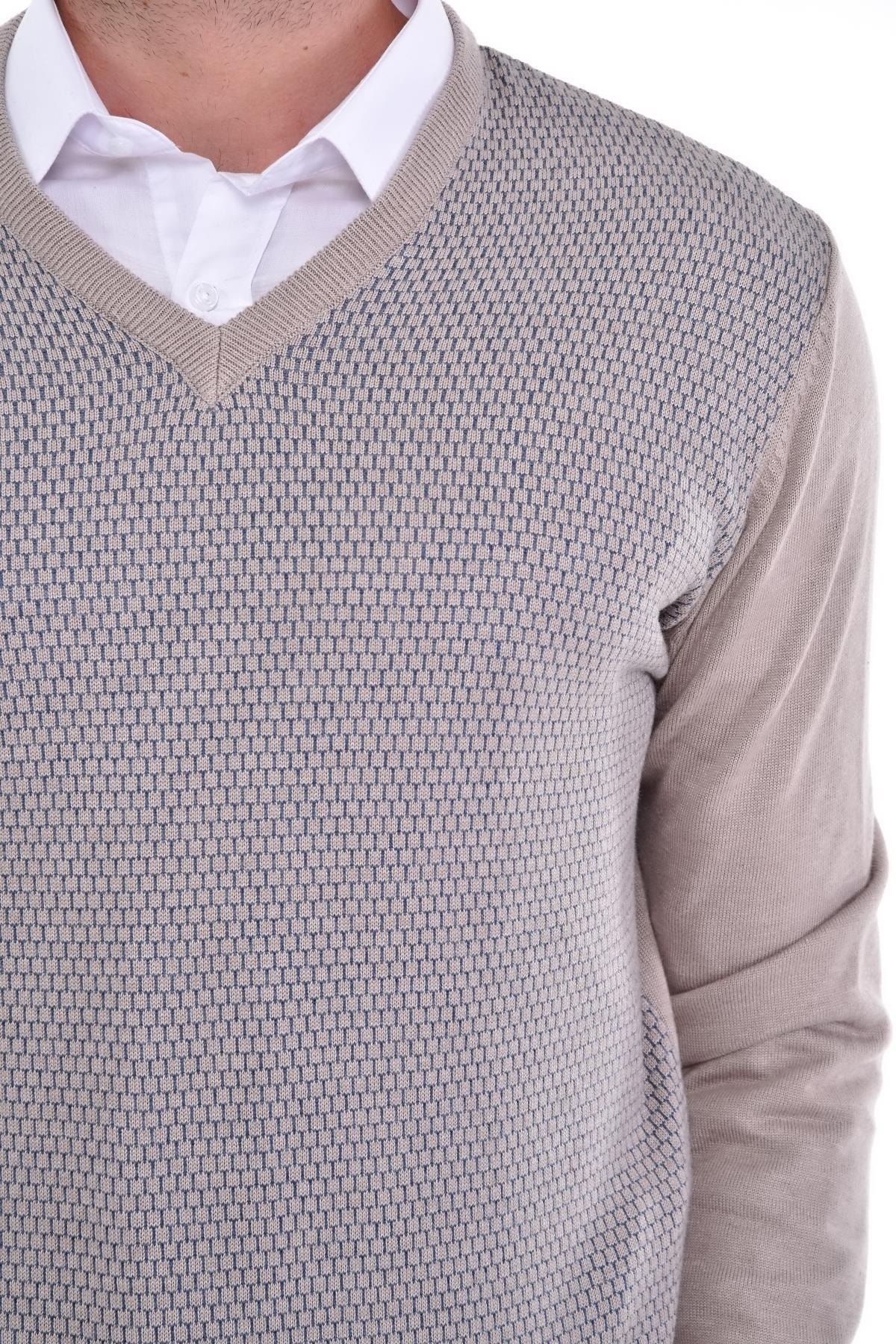 Erkek V Yaka Pamuklu Triko Bej Kazak Desenli Kol Ve Bel Lastikli Dokuma