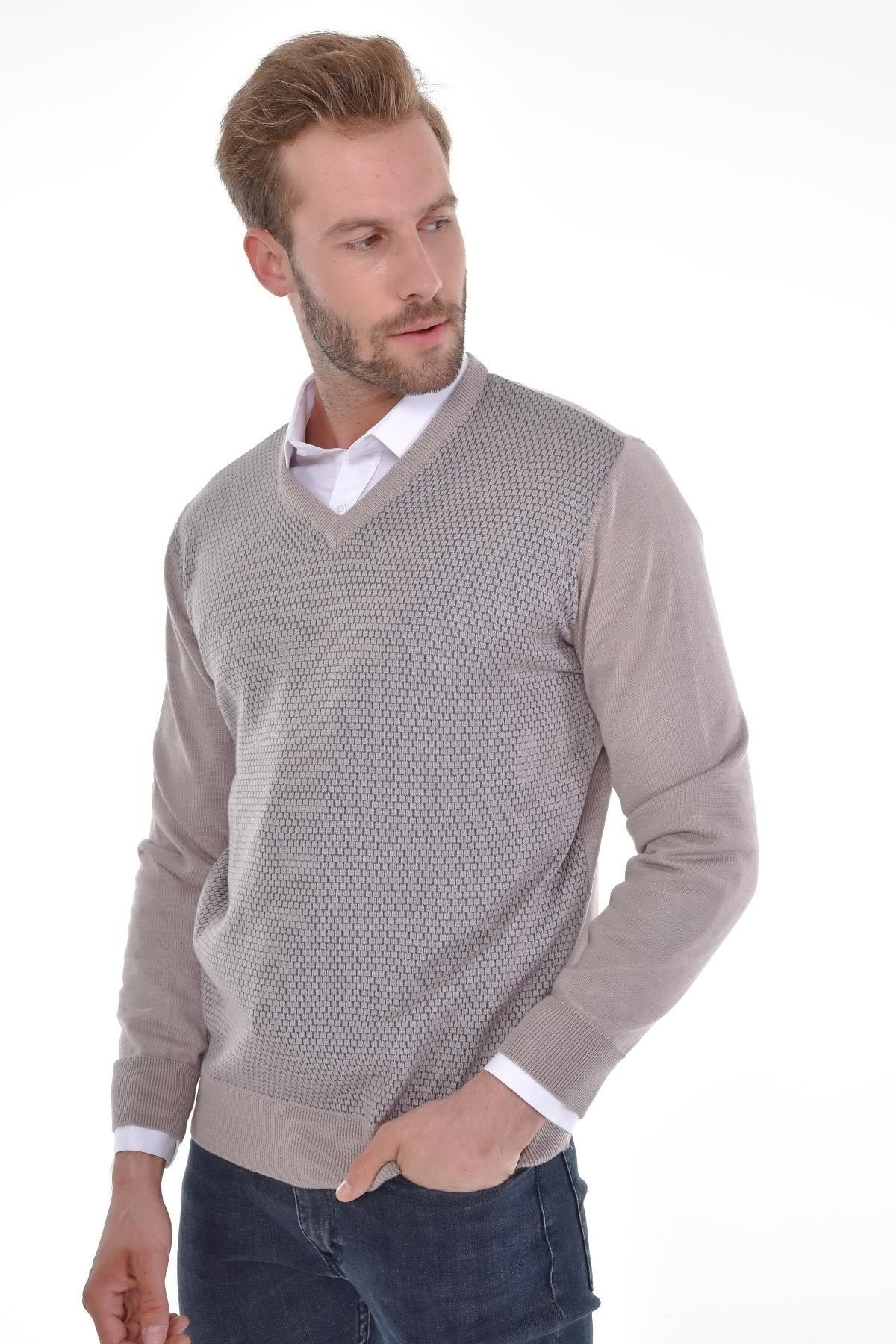 Erkek V Yaka Pamuklu Triko Bej Kazak Desenli Kol Ve Bel Lastikli Dokuma