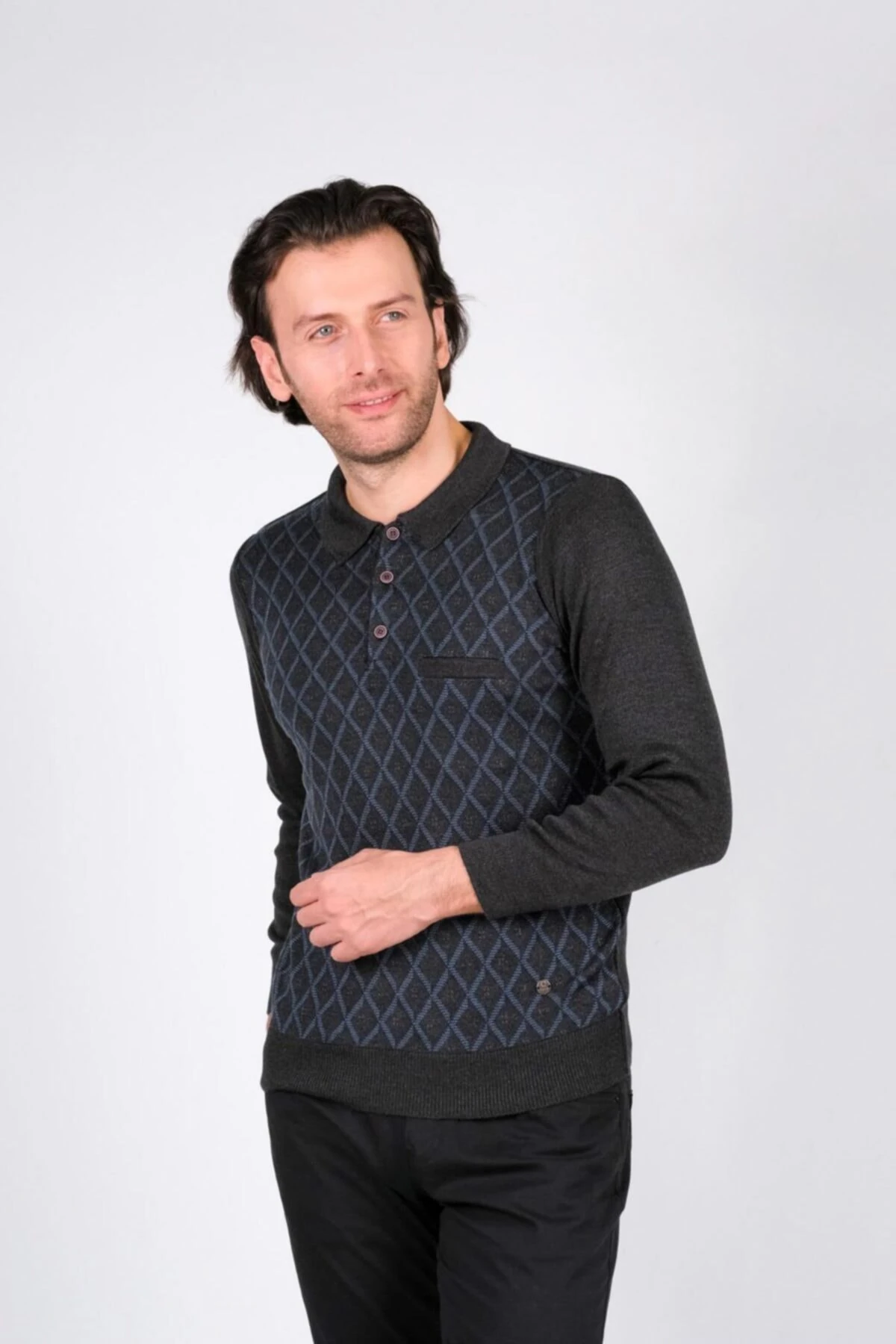 Erkek Polo Yaka Triko Kazak Cep Detaylı Baklava Desenli Kışlık Bel Ve Kol Lastikli Dokum