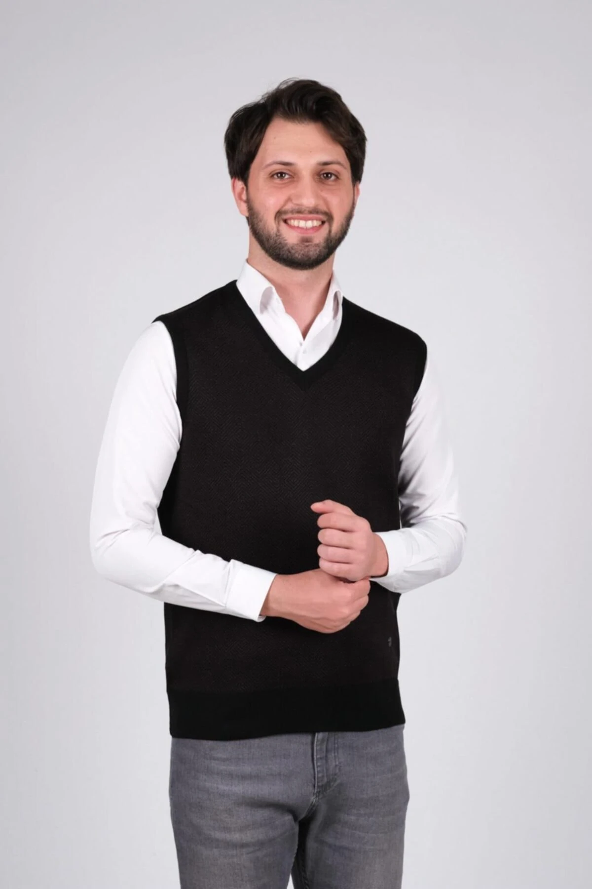 Erkek V Yaka Triko Süveter Desenli Bel Lastikli Dokuma Çelik Örgü