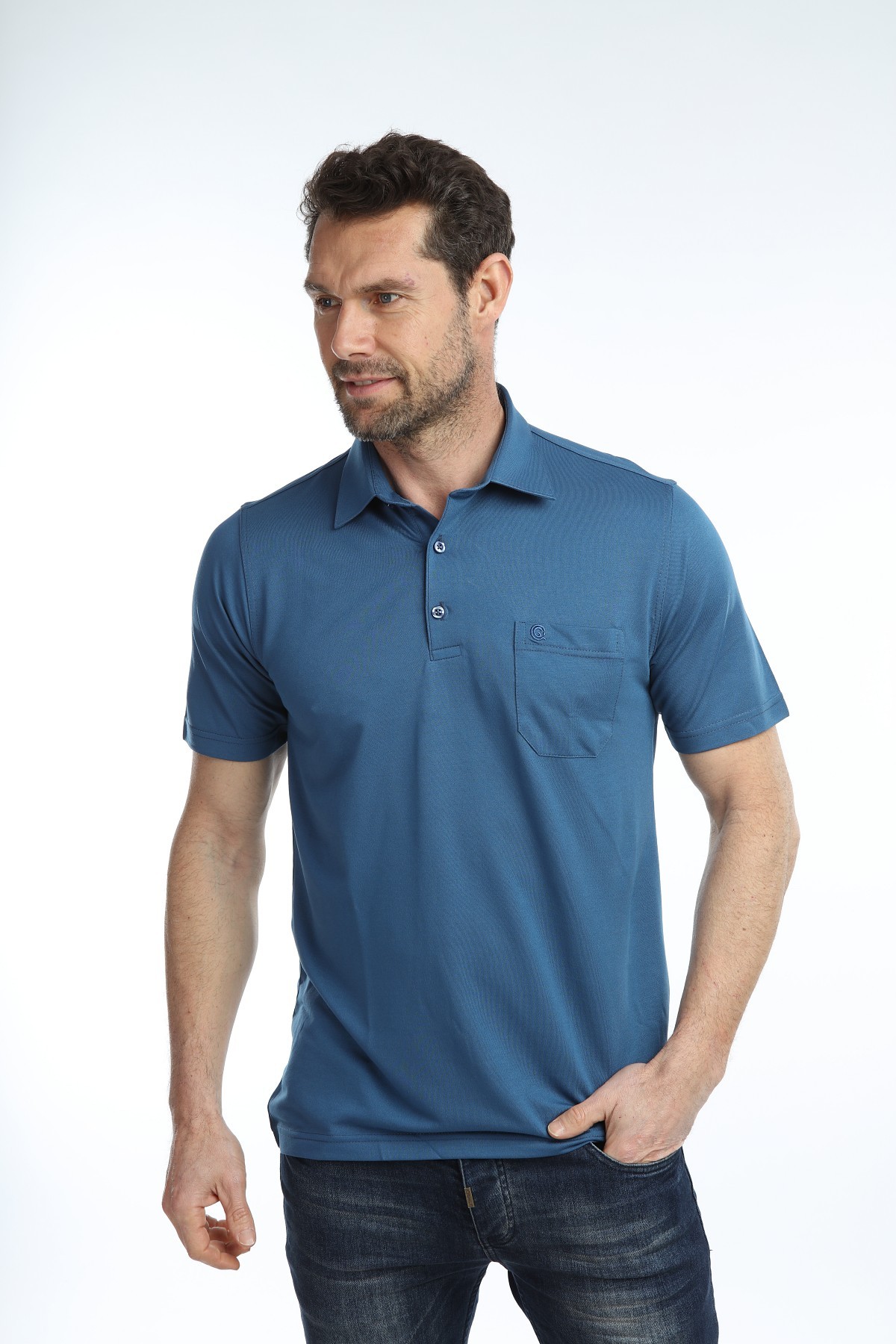 Çizgi Triko Erkek Gömlek Yaka Tişört Düz Renk Günlük Cep Detaylı - İNDİGO
