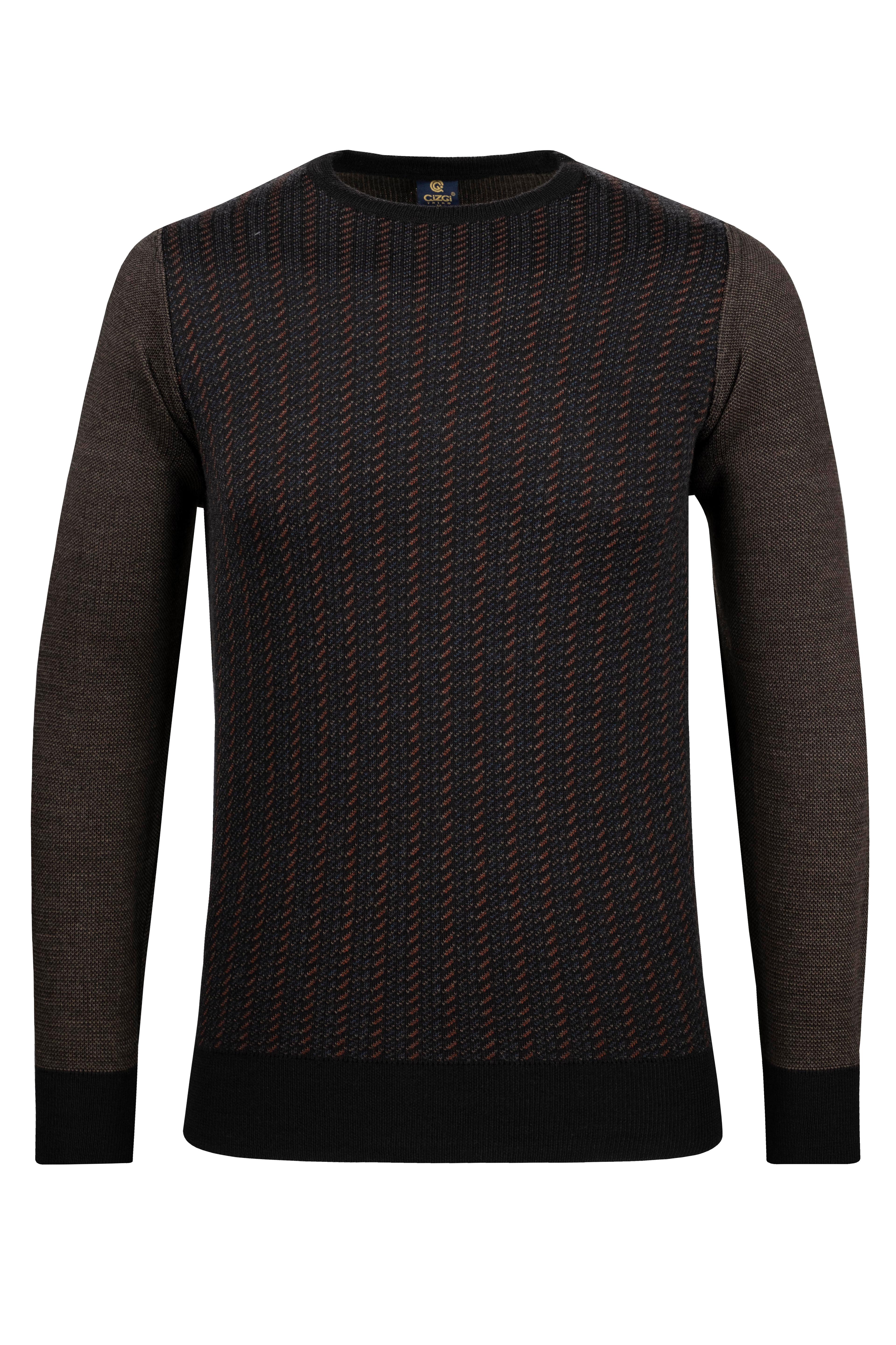 Stripe Knitwear Men's Crew Neck Knitwear Sweater Patterned Sleeve and Waist Elastic Steel Knitted Classic Pattern - 5010C - SİYAH