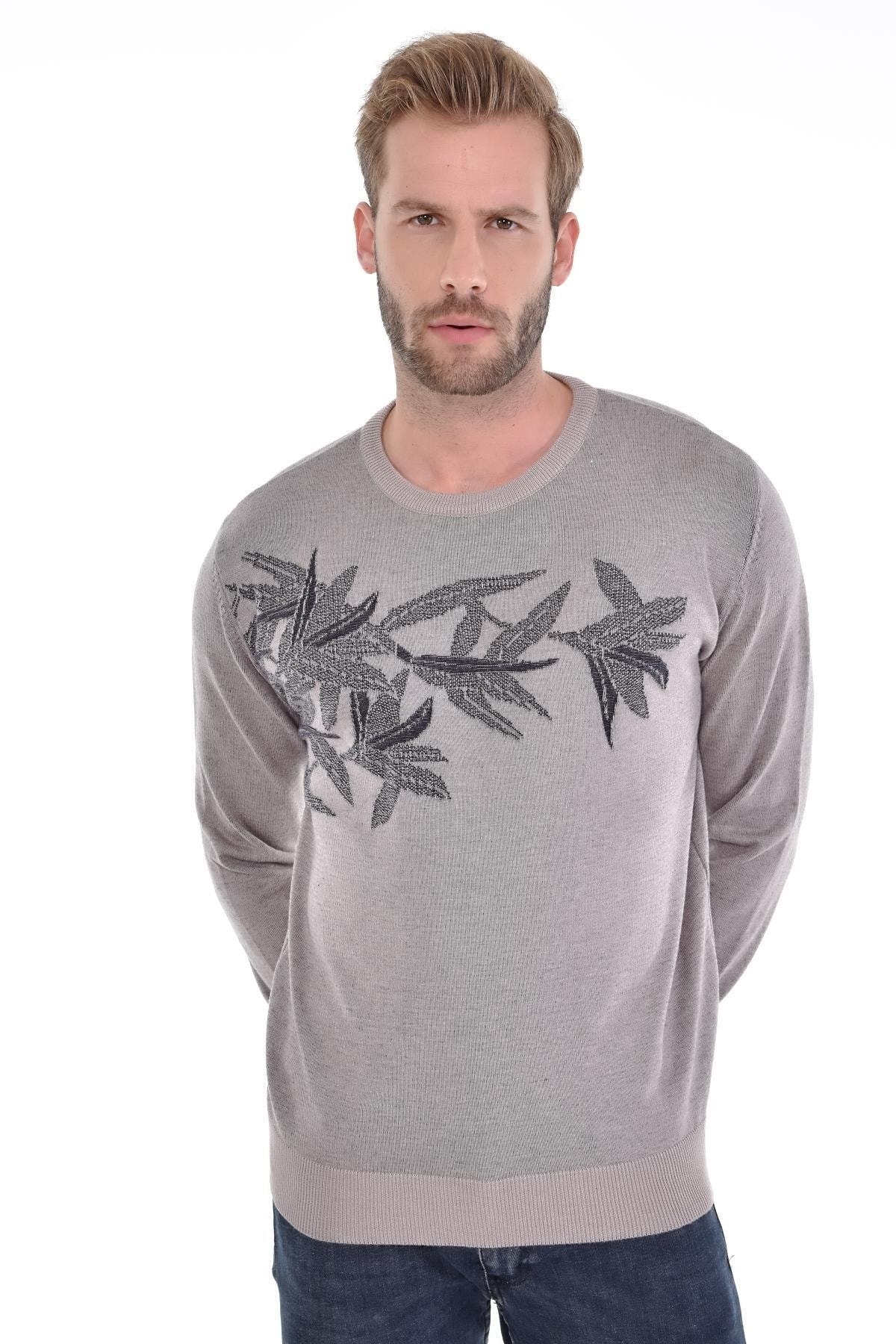 Erkek Sıfır Yaka Pamuklu Triko Bej Kazak Desenli Kol Ve Bel Lastikli Dokuma