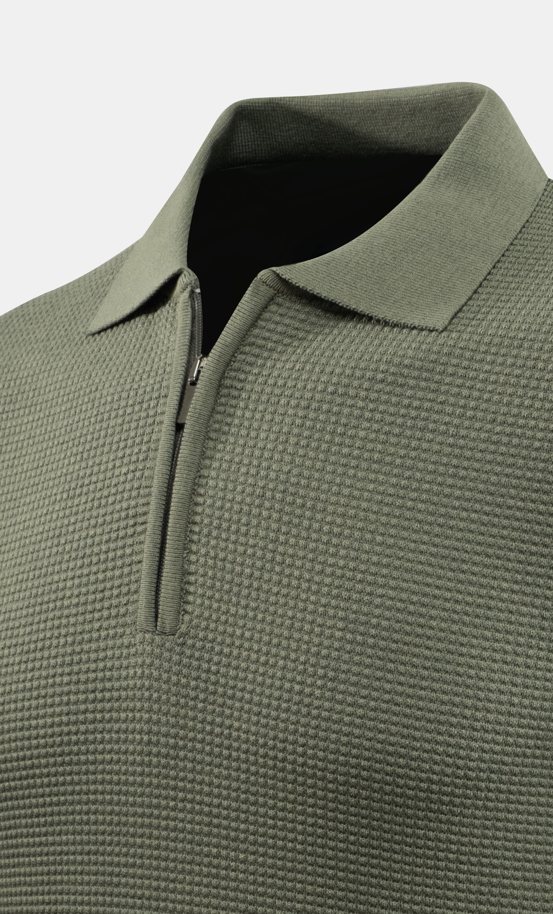 Erkek Fermuarlı Polo Yaka Kazak Triko Kabartmalı Örgü Düz Renk Klasik Kalıp - 5240F - GREEN