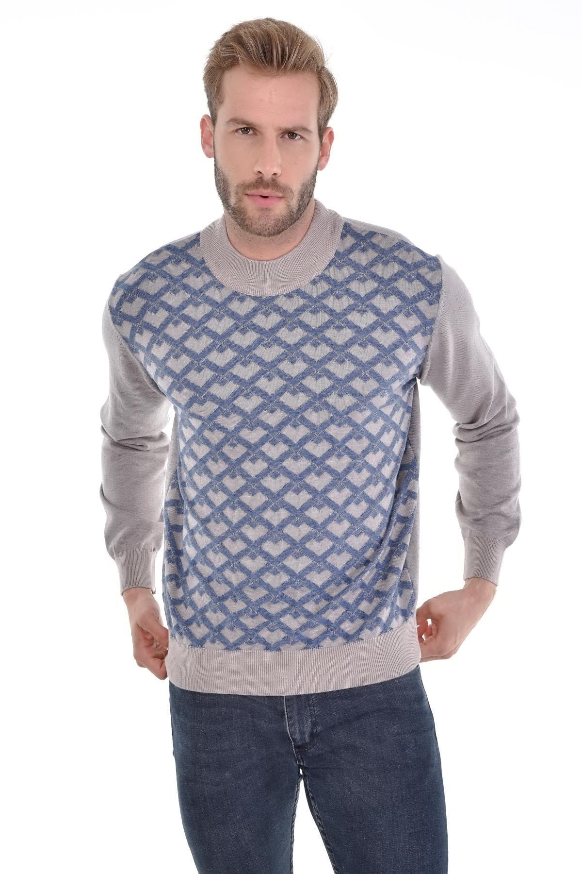 Erkek Yarım Balıkçı Yaka Pamuklu Triko Bej Kazak Desenli Kol Ve Bel Lastikli Dokuma